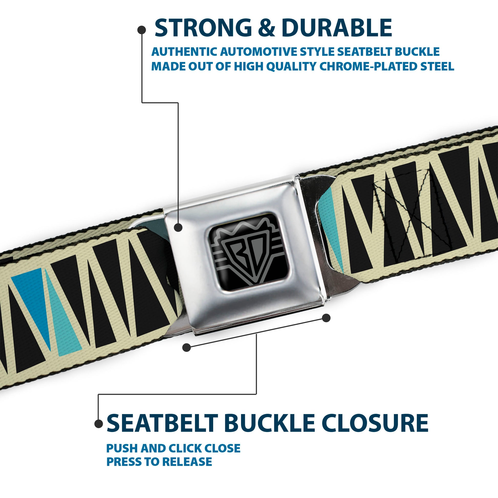 BD Wings Logo CLOSE-UP Full Color Black Silver Seatbelt Belt - Zig Zag Doodle Cream/Black/Blues Webbing Seatbelt Belts Buckle-Down