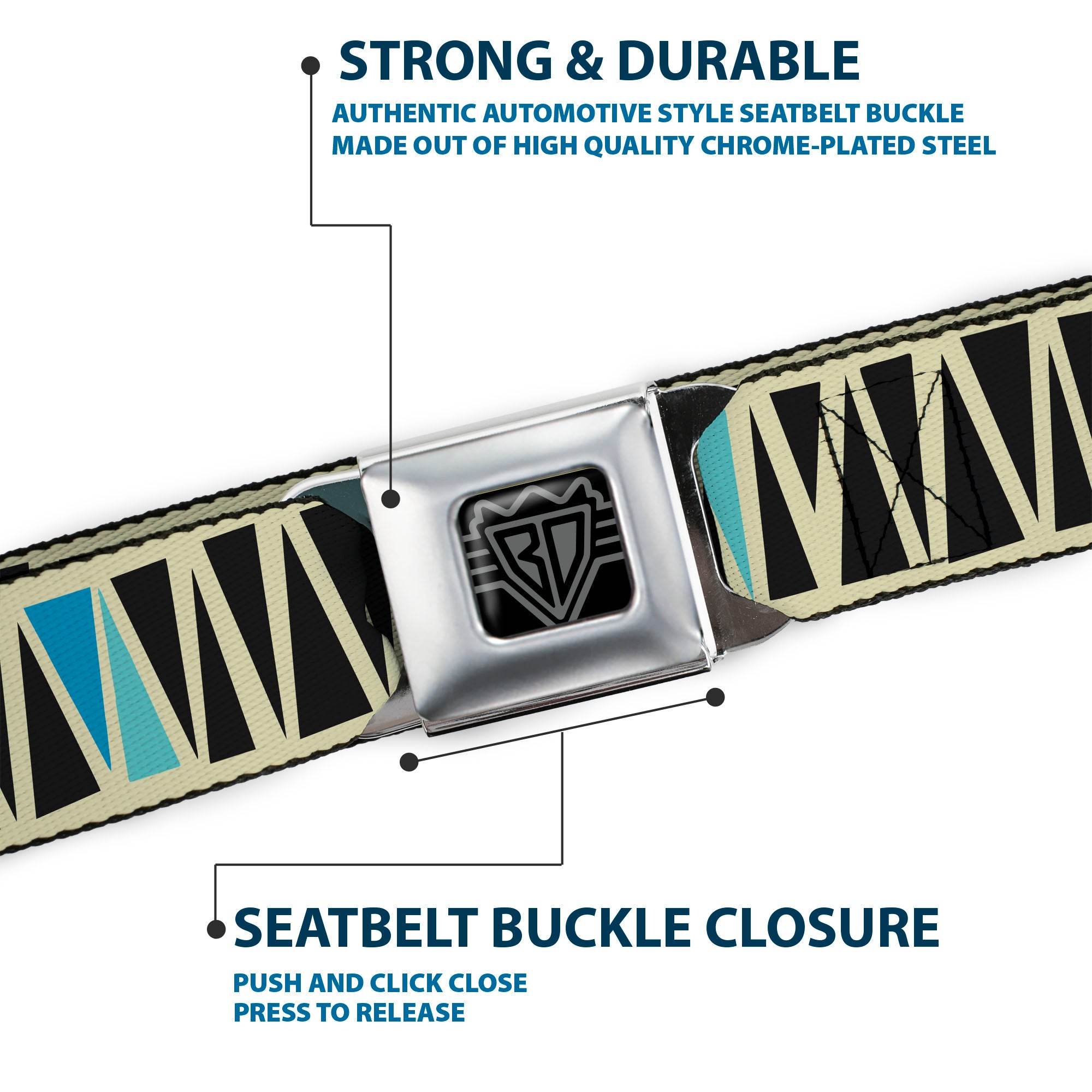 BD Wings Logo CLOSE-UP Full Color Black Silver Seatbelt Belt - Zig Zag Doodle Cream/Black/Blues Webbing Seatbelt Belts Buckle-Down