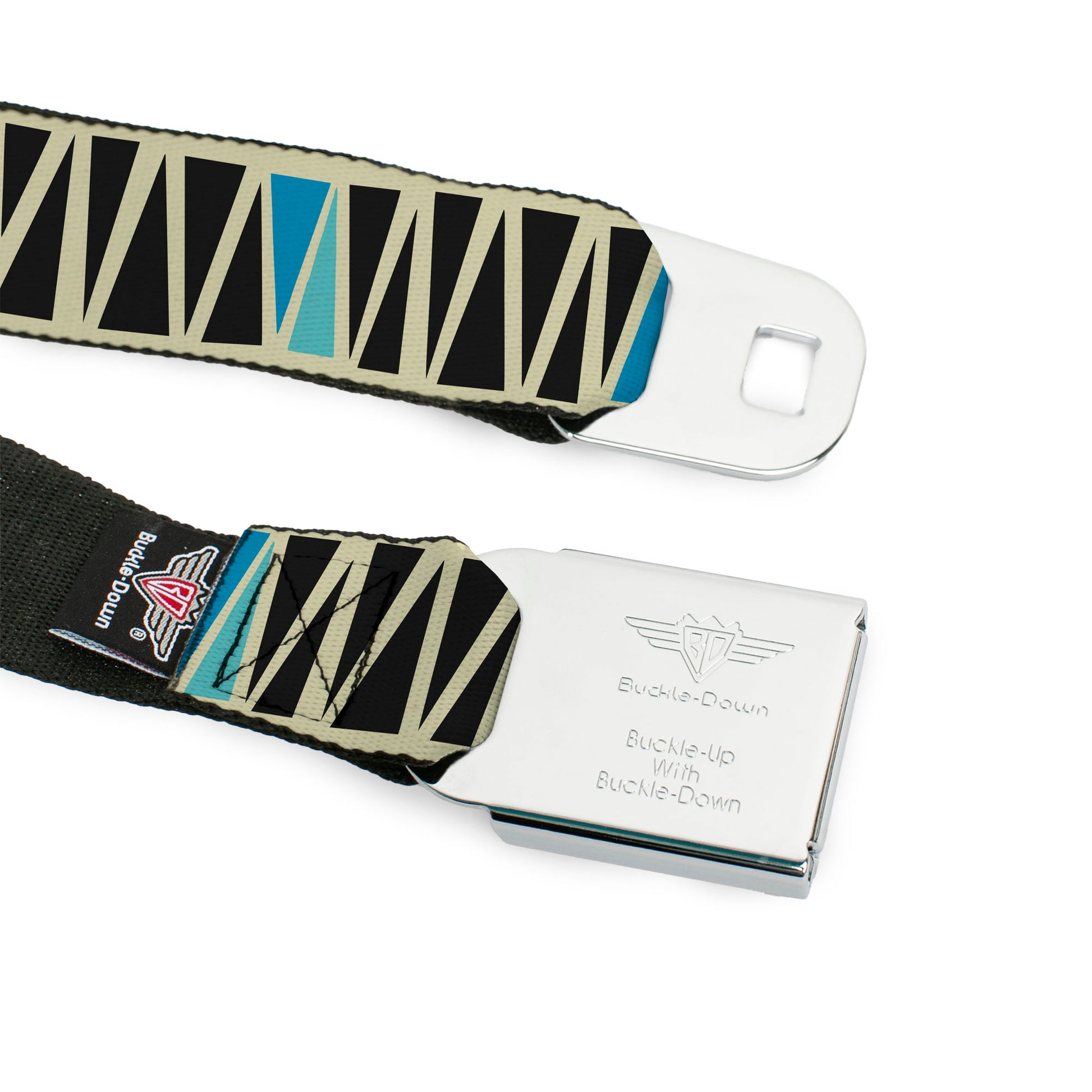 BD Wings Logo CLOSE-UP Full Color Black Silver Seatbelt Belt - Zig Zag Doodle Cream/Black/Blues Webbing Seatbelt Belts Buckle-Down