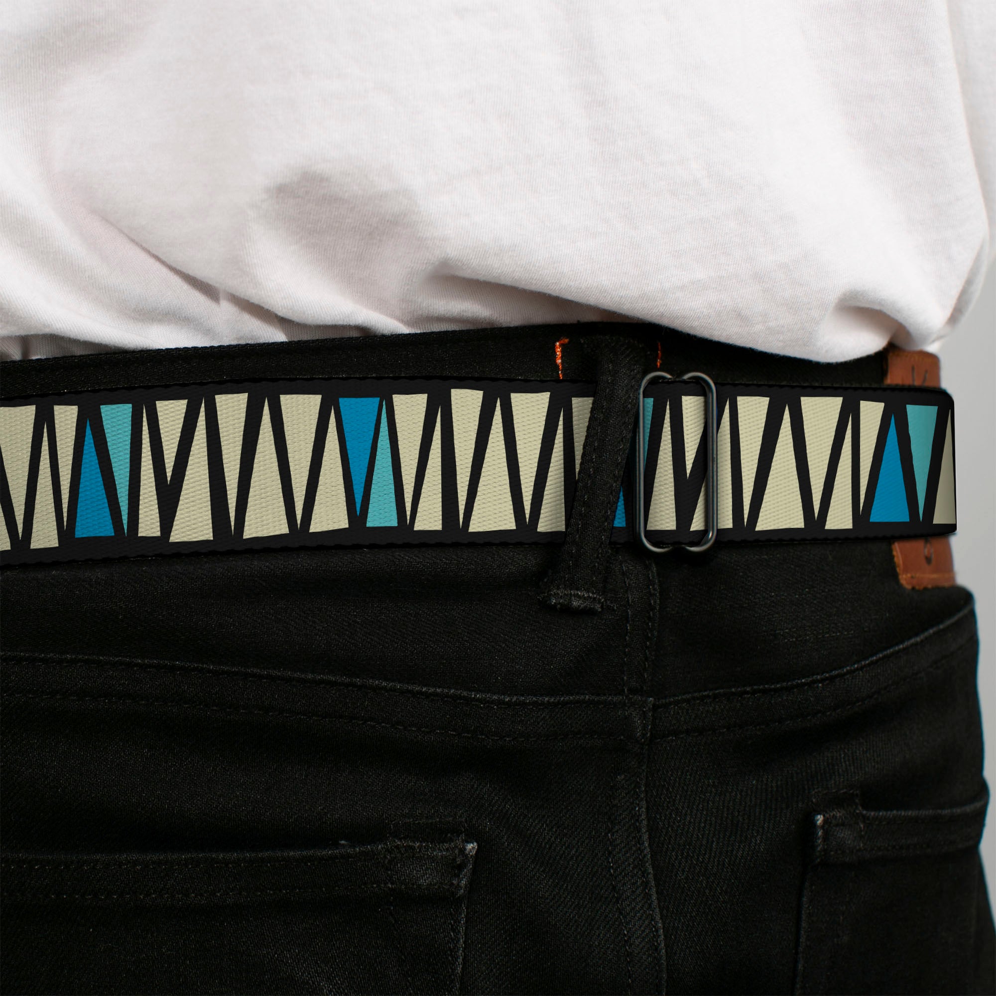 BD Wings Logo CLOSE-UP Full Color Black Silver Seatbelt Belt - Zig Zag Doodle Black/Cream/Blues Webbing Seatbelt Belts Buckle-Down