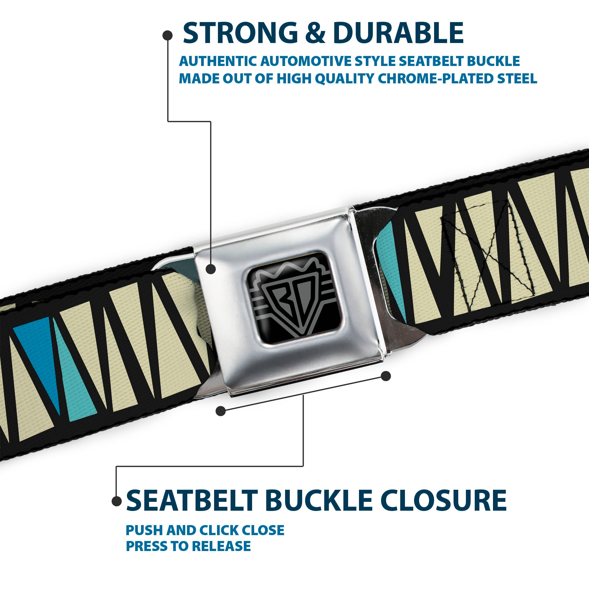 BD Wings Logo CLOSE-UP Full Color Black Silver Seatbelt Belt - Zig Zag Doodle Black/Cream/Blues Webbing Seatbelt Belts Buckle-Down