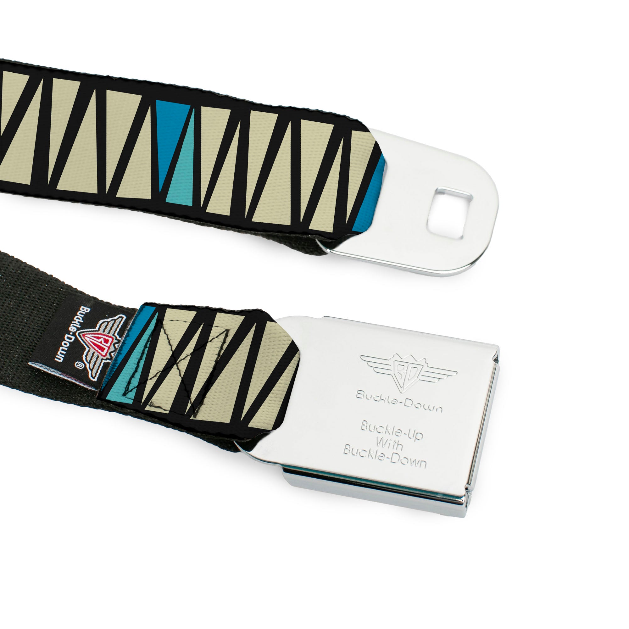 BD Wings Logo CLOSE-UP Full Color Black Silver Seatbelt Belt - Zig Zag Doodle Black/Cream/Blues Webbing Seatbelt Belts Buckle-Down