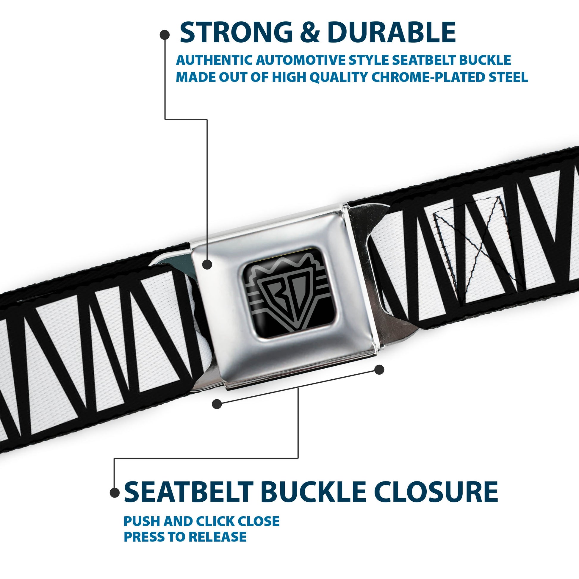 BD Wings Logo CLOSE-UP Full Color Black Silver Seatbelt Belt - Zig Zag Doodle Black/White Webbing Seatbelt Belts Buckle-Down