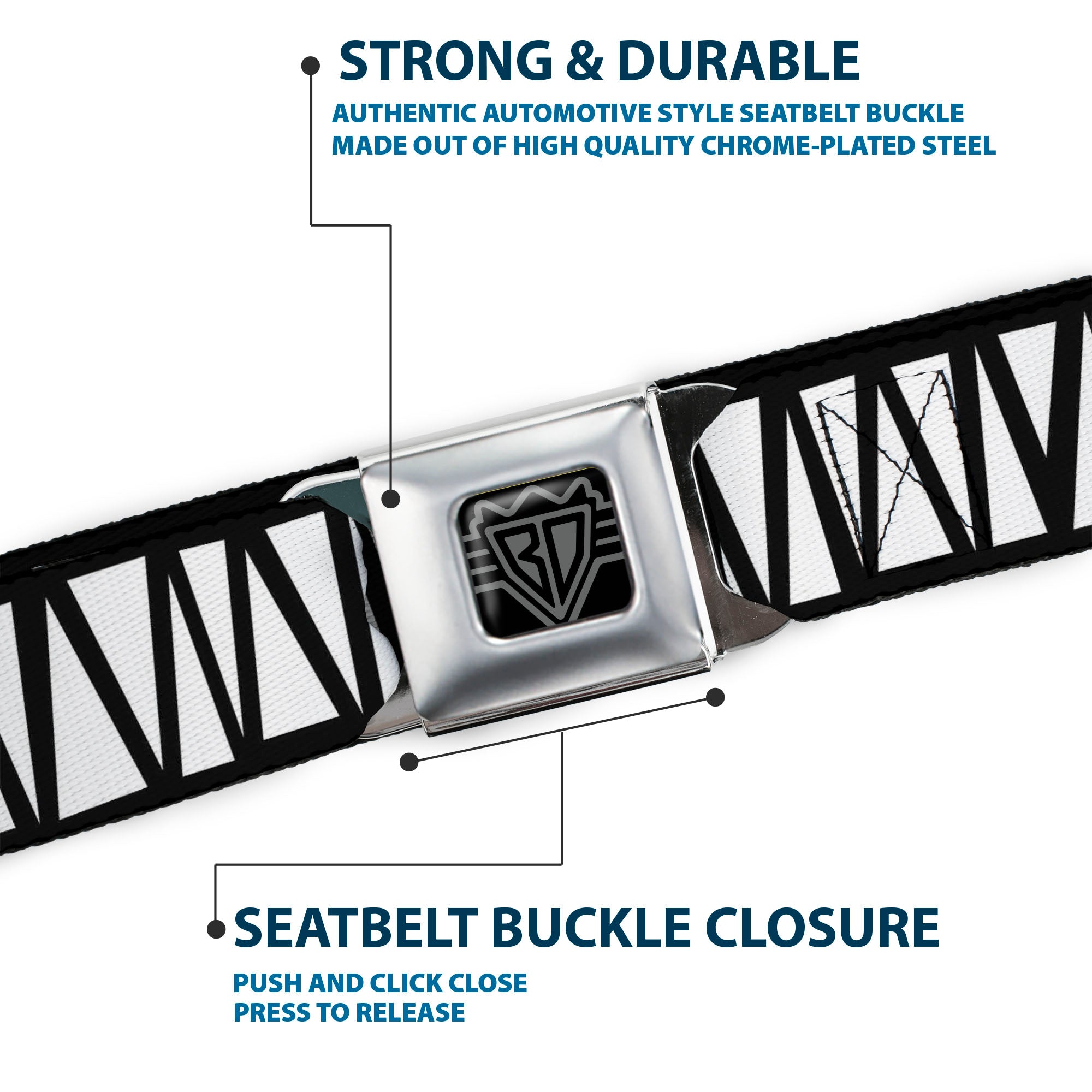 BD Wings Logo CLOSE-UP Full Color Black Silver Seatbelt Belt - Zig Zag Doodle Black/White Webbing Seatbelt Belts Buckle-Down