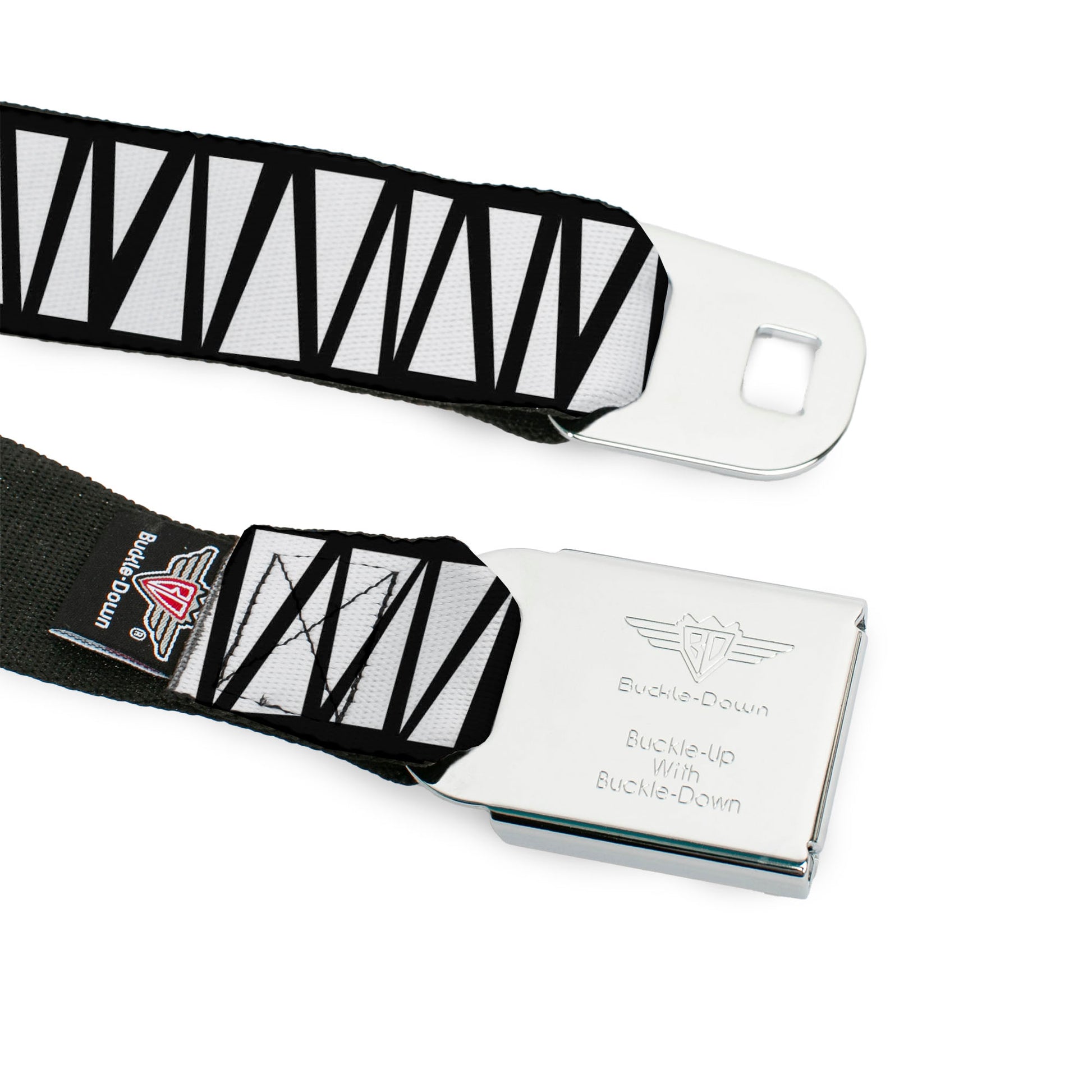 BD Wings Logo CLOSE-UP Full Color Black Silver Seatbelt Belt - Zig Zag Doodle Black/White Webbing Seatbelt Belts Buckle-Down