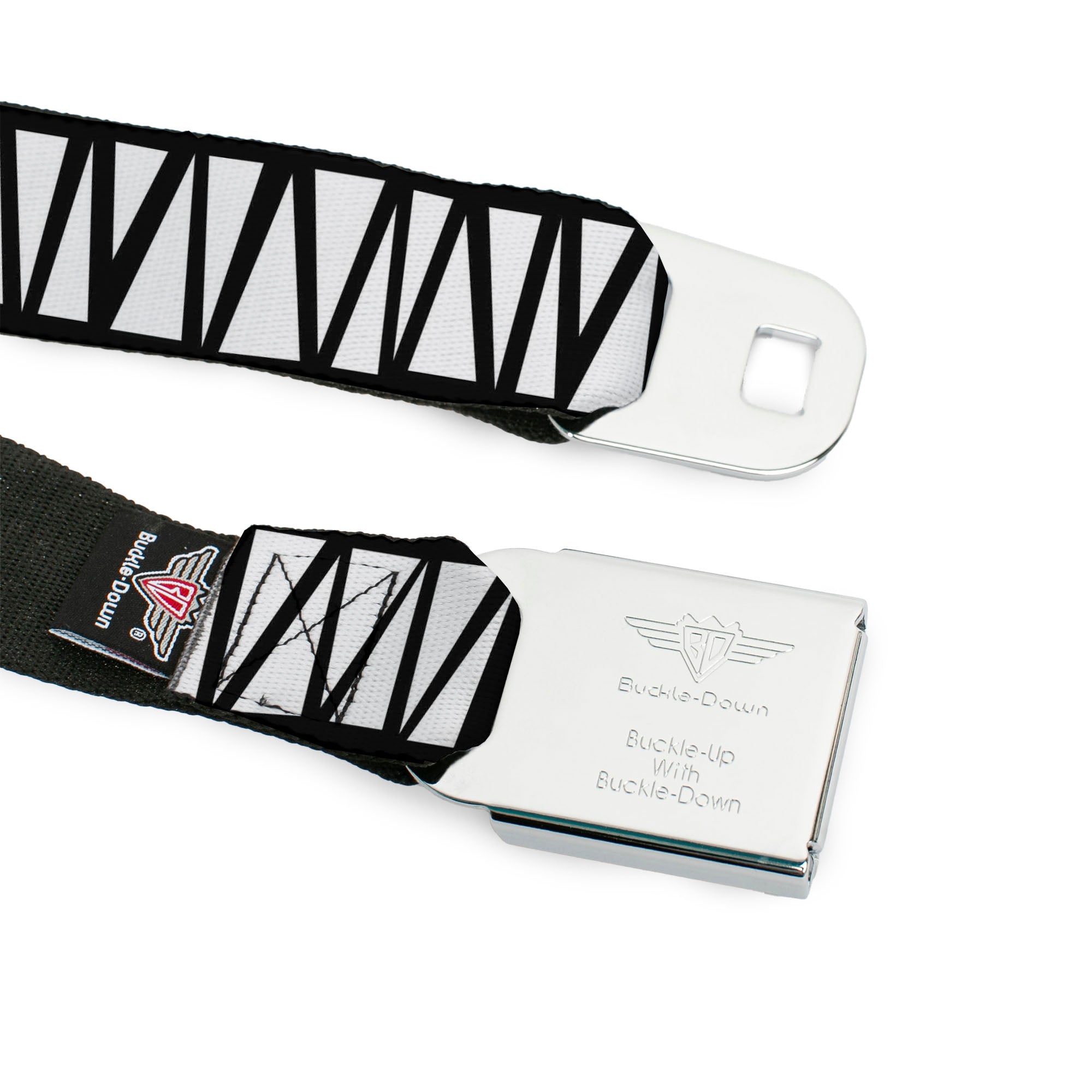 BD Wings Logo CLOSE-UP Full Color Black Silver Seatbelt Belt - Zig Zag Doodle Black/White Webbing Seatbelt Belts Buckle-Down