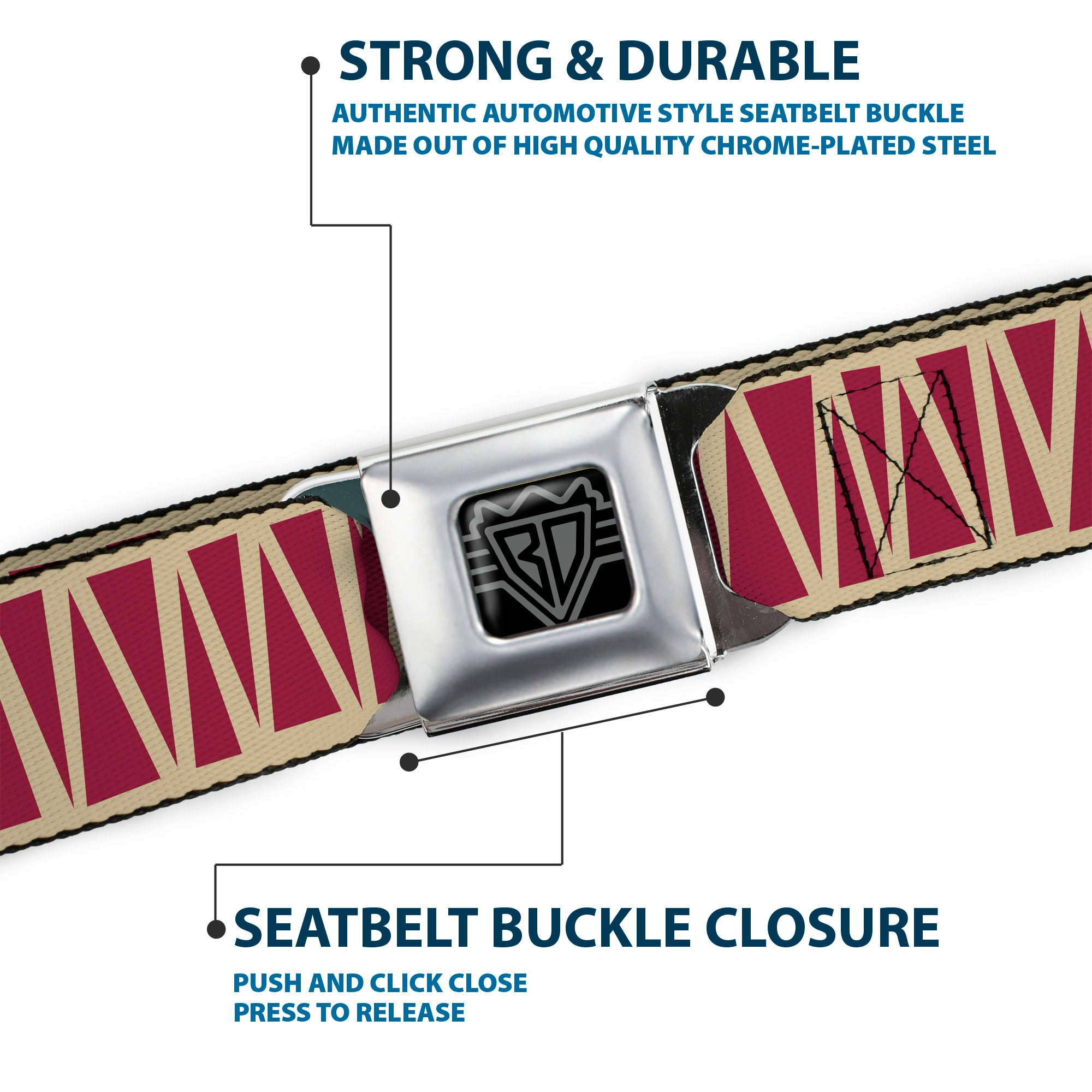 BD Wings Logo CLOSE-UP Full Color Black Silver Seatbelt Belt - Zig Zag Doodle Tan/Red Webbing Seatbelt Belts Buckle-Down