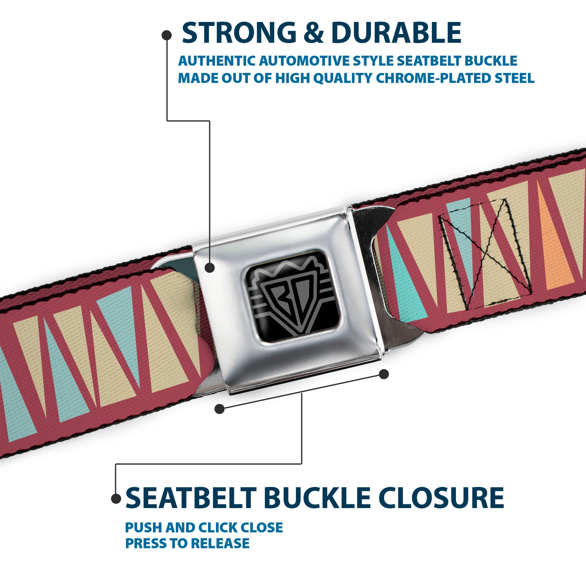 BD Wings Logo CLOSE-UP Full Color Black Silver Seatbelt Belt - Zig Zag Doodle Red/Tan/Blues/Orange Webbing Seatbelt Belts Buckle-Down