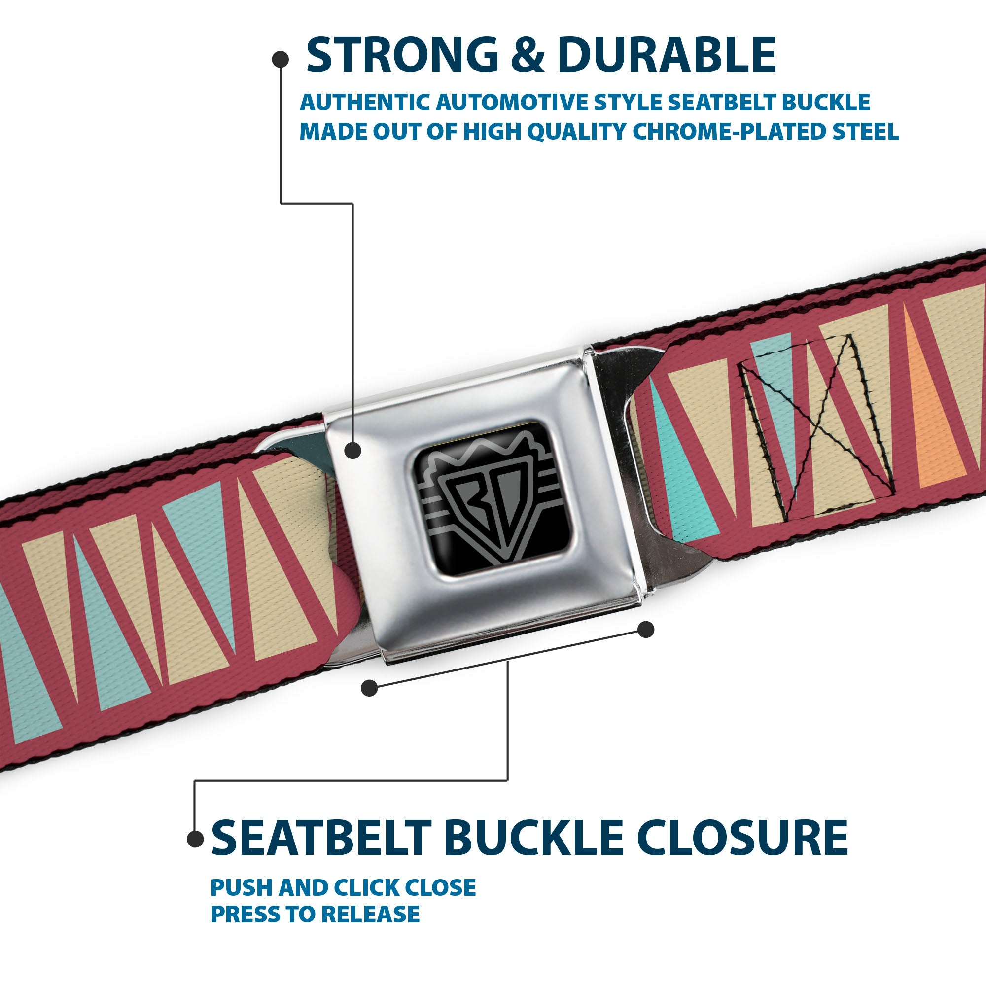 BD Wings Logo CLOSE-UP Full Color Black Silver Seatbelt Belt - Zig Zag Doodle Red/Tan/Blues/Orange Webbing Seatbelt Belts Buckle-Down