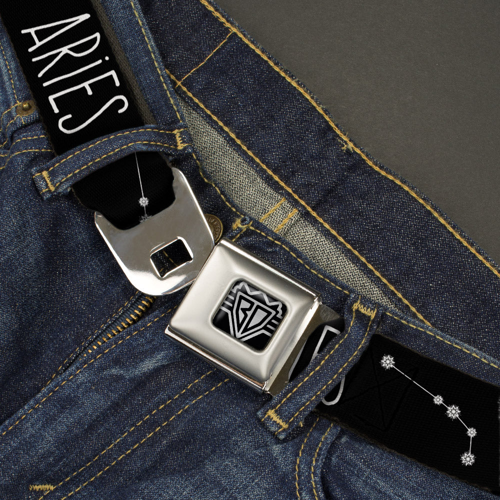 BD Wings Logo CLOSE-UP Full Color Black Silver Seatbelt Belt - Zodiac ARIES/Constellation Black/White Webbing Seatbelt Belts Buckle-Down