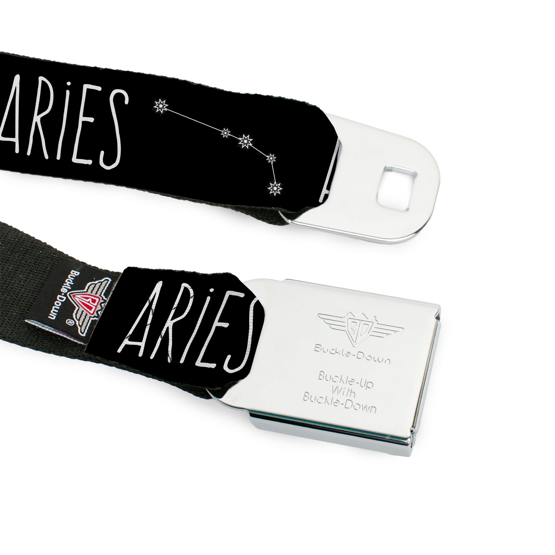 BD Wings Logo CLOSE-UP Full Color Black Silver Seatbelt Belt - Zodiac ARIES/Constellation Black/White Webbing Seatbelt Belts Buckle-Down
