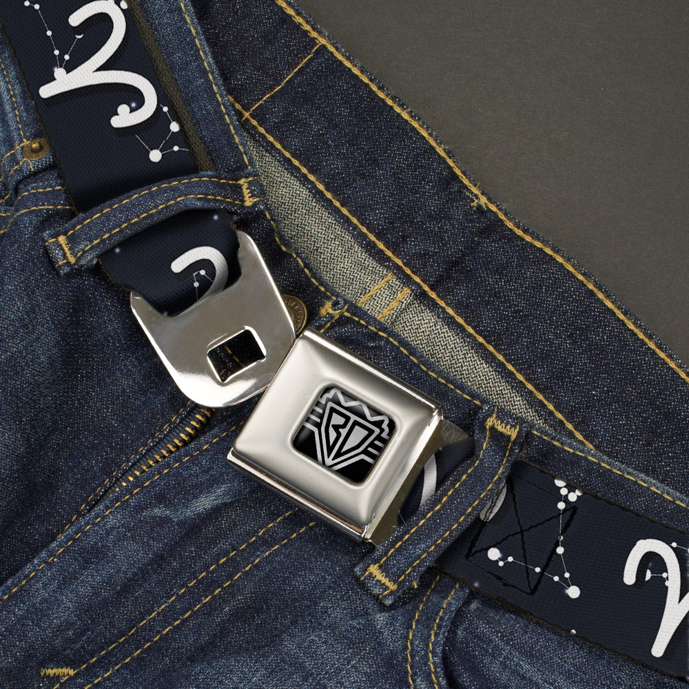 BD Wings Logo CLOSE-UP Full Color Black Silver Seatbelt Belt - Zodiac Aries Symbol/Constellations Black/White Webbing Seatbelt Belts Buckle-Down