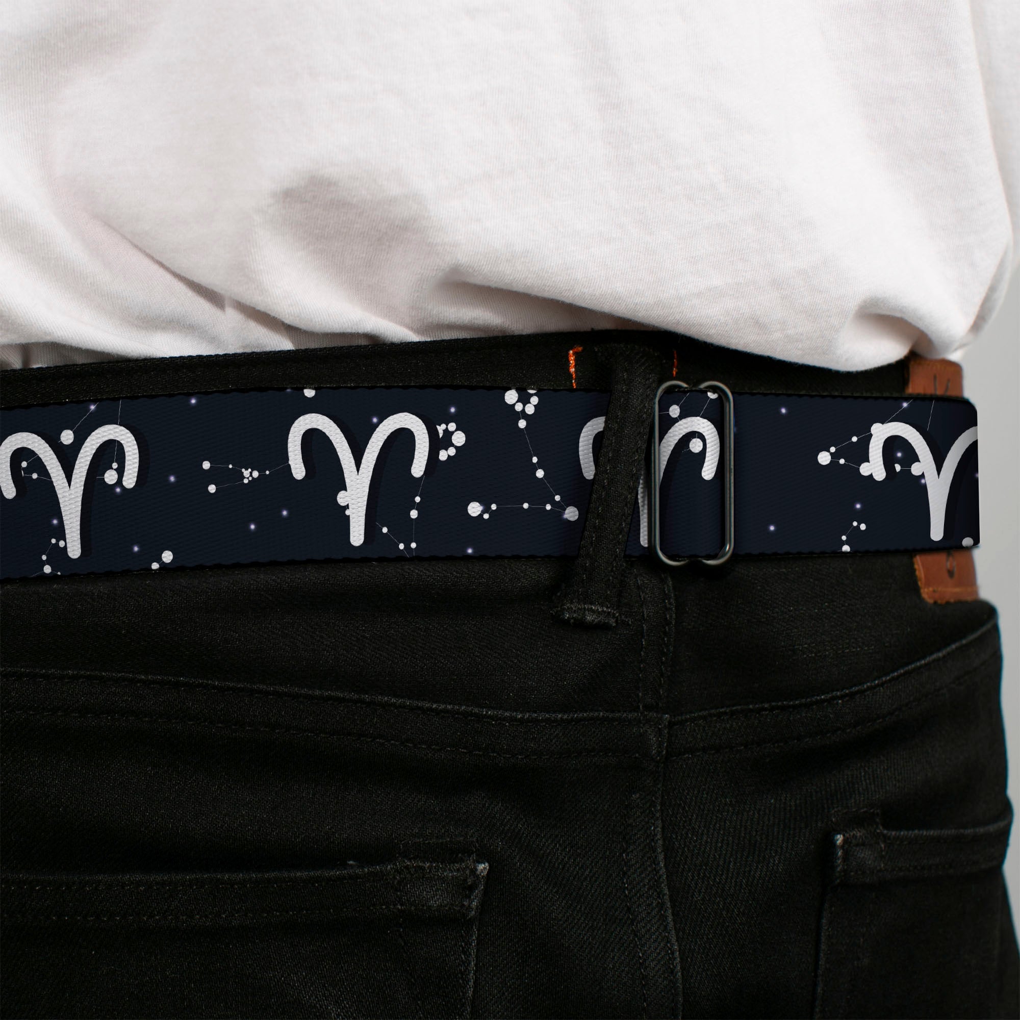 BD Wings Logo CLOSE-UP Full Color Black Silver Seatbelt Belt - Zodiac Aries Symbol/Constellations Black/White Webbing Seatbelt Belts Buckle-Down