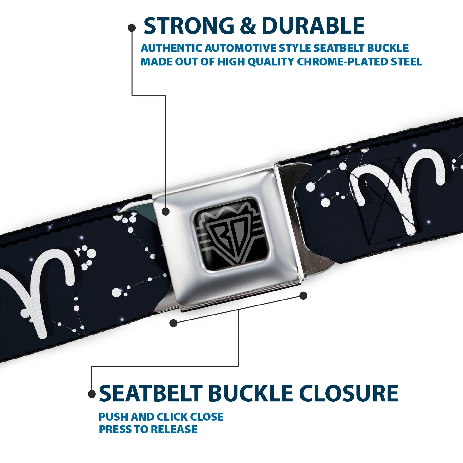 BD Wings Logo CLOSE-UP Full Color Black Silver Seatbelt Belt - Zodiac Aries Symbol/Constellations Black/White Webbing Seatbelt Belts Buckle-Down