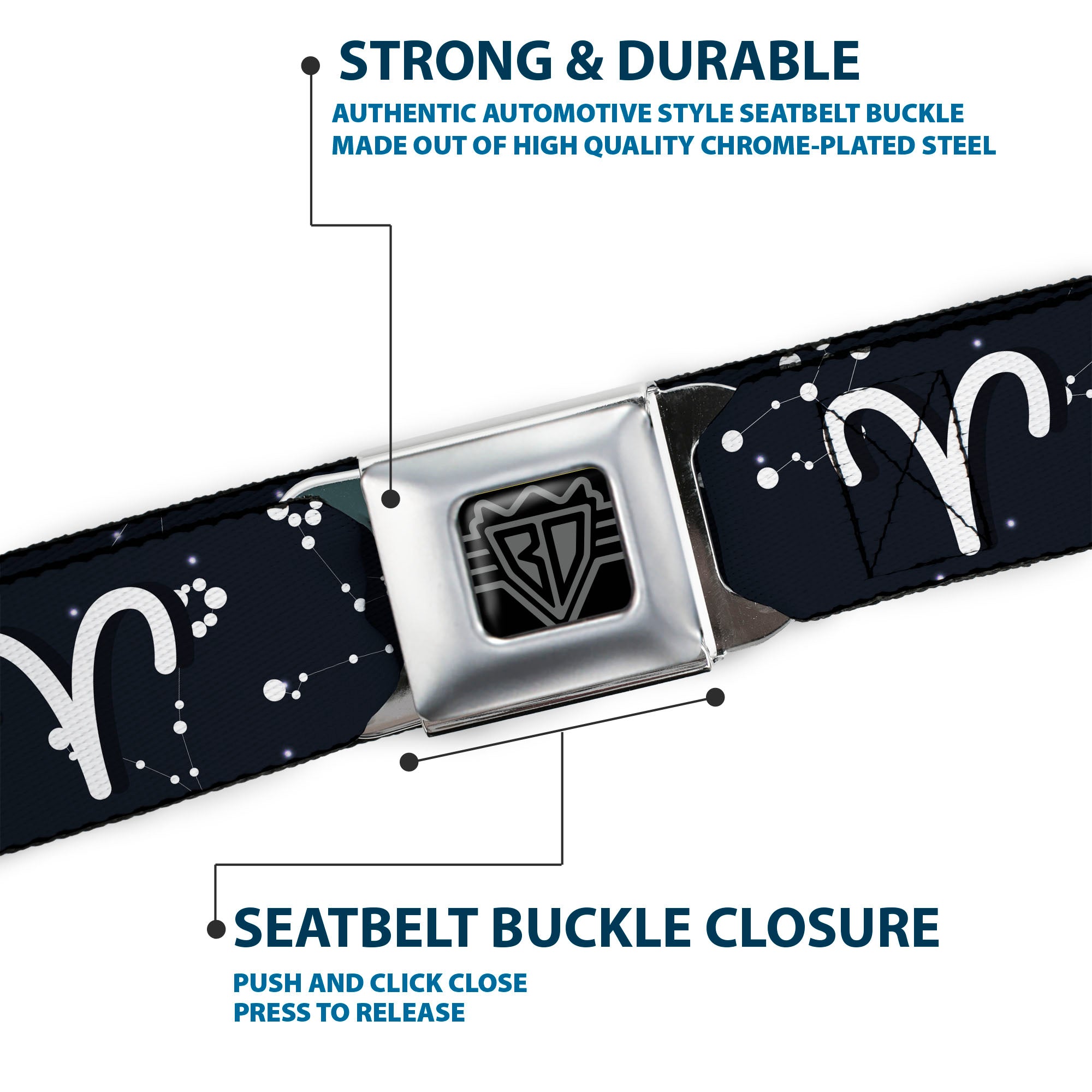 BD Wings Logo CLOSE-UP Full Color Black Silver Seatbelt Belt - Zodiac Aries Symbol/Constellations Black/White Webbing Seatbelt Belts Buckle-Down