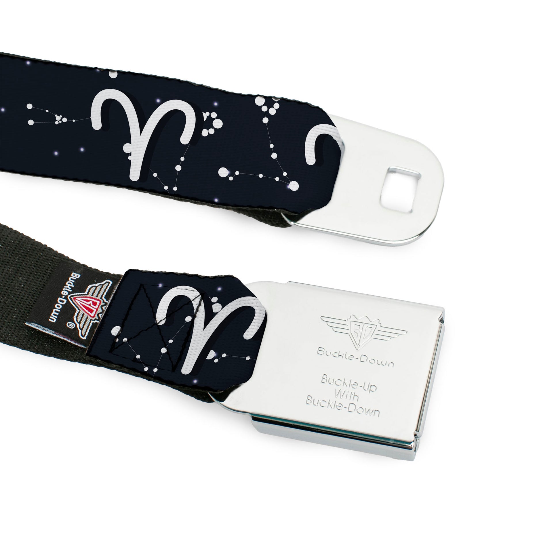 BD Wings Logo CLOSE-UP Full Color Black Silver Seatbelt Belt - Zodiac Aries Symbol/Constellations Black/White Webbing Seatbelt Belts Buckle-Down