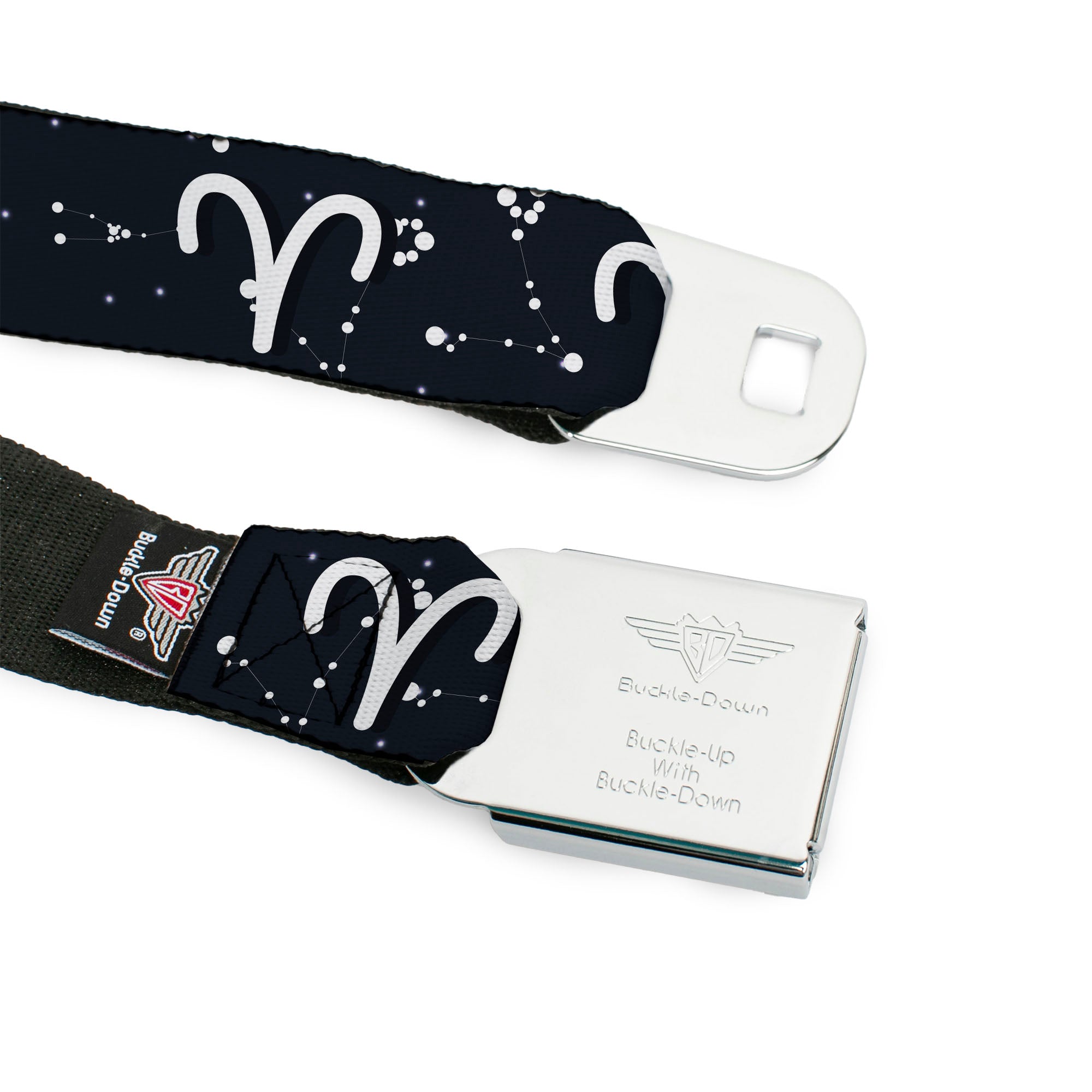BD Wings Logo CLOSE-UP Full Color Black Silver Seatbelt Belt - Zodiac Aries Symbol/Constellations Black/White Webbing Seatbelt Belts Buckle-Down
