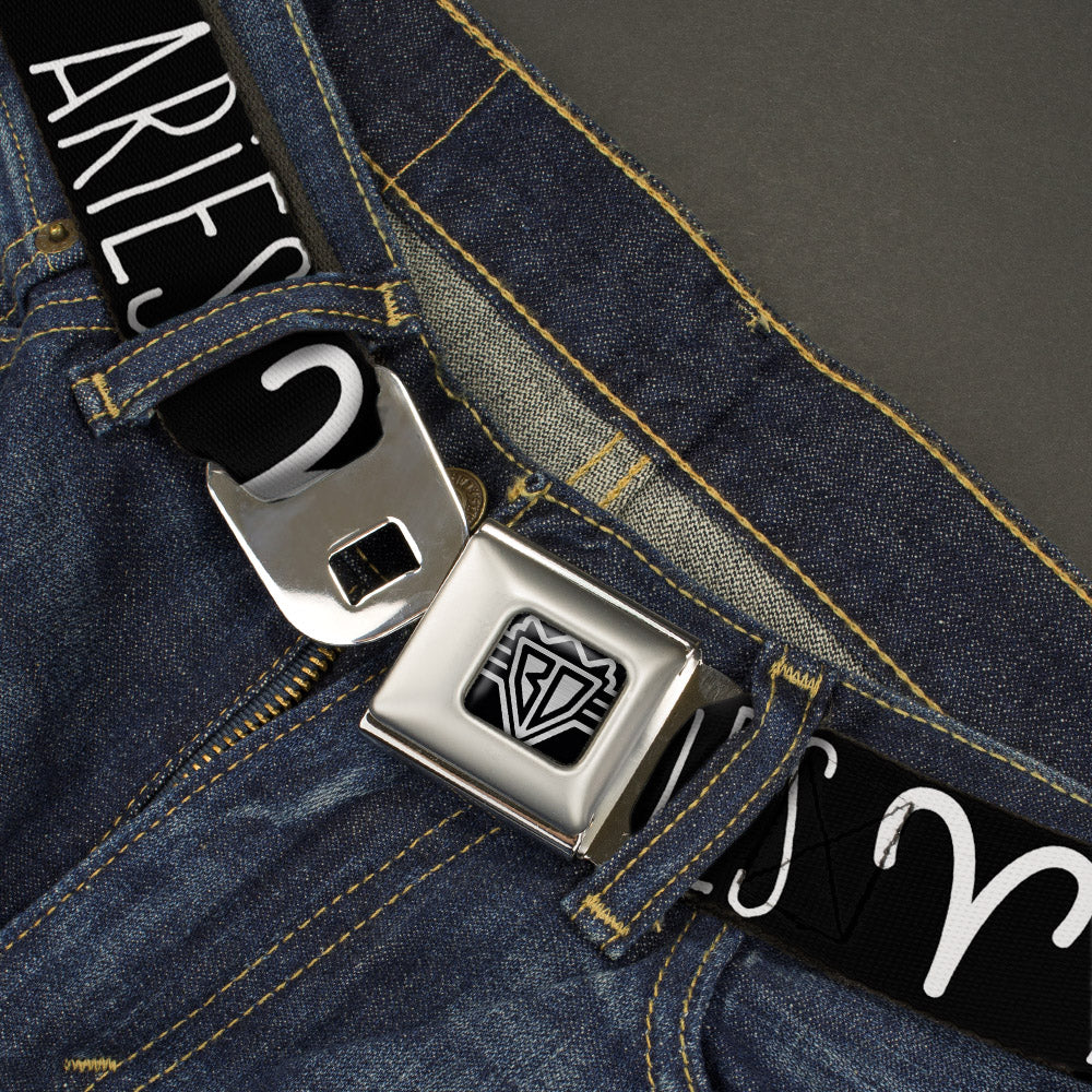 BD Wings Logo CLOSE-UP Full Color Black Silver Seatbelt Belt - Zodiac ARIES/Symbol Black/White Webbing Seatbelt Belts Buckle-Down