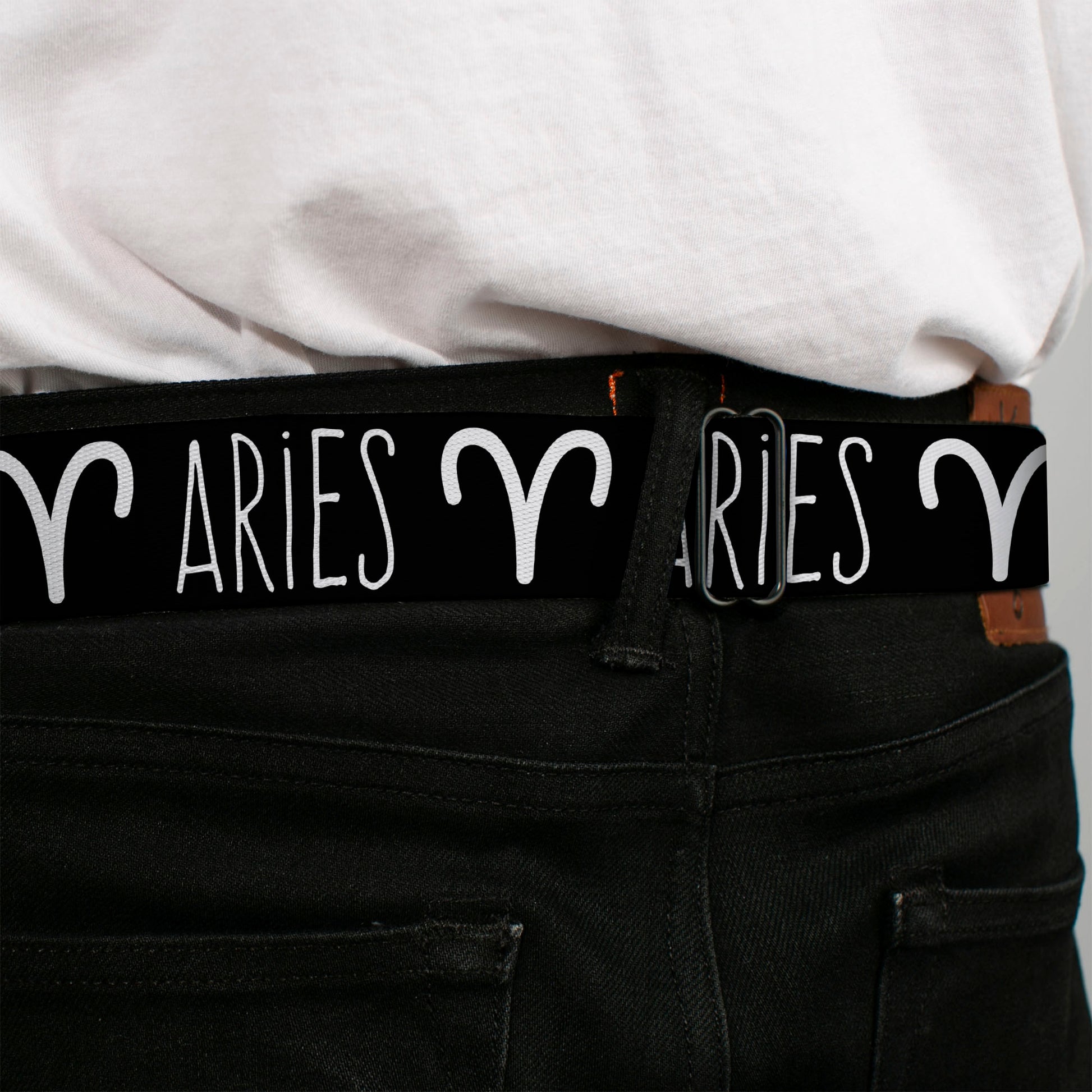 BD Wings Logo CLOSE-UP Full Color Black Silver Seatbelt Belt - Zodiac ARIES/Symbol Black/White Webbing Seatbelt Belts Buckle-Down