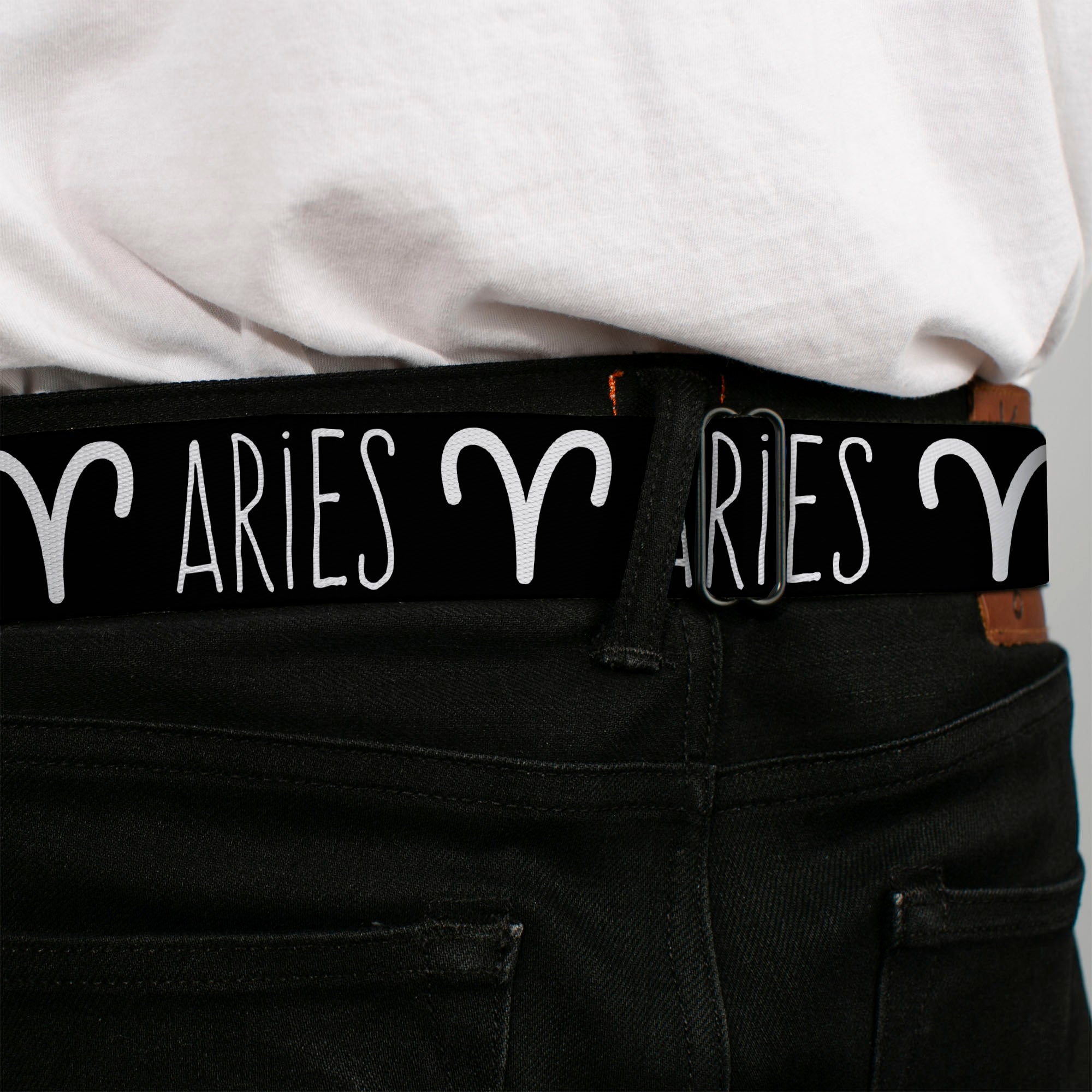 BD Wings Logo CLOSE-UP Full Color Black Silver Seatbelt Belt - Zodiac ARIES/Symbol Black/White Webbing Seatbelt Belts Buckle-Down