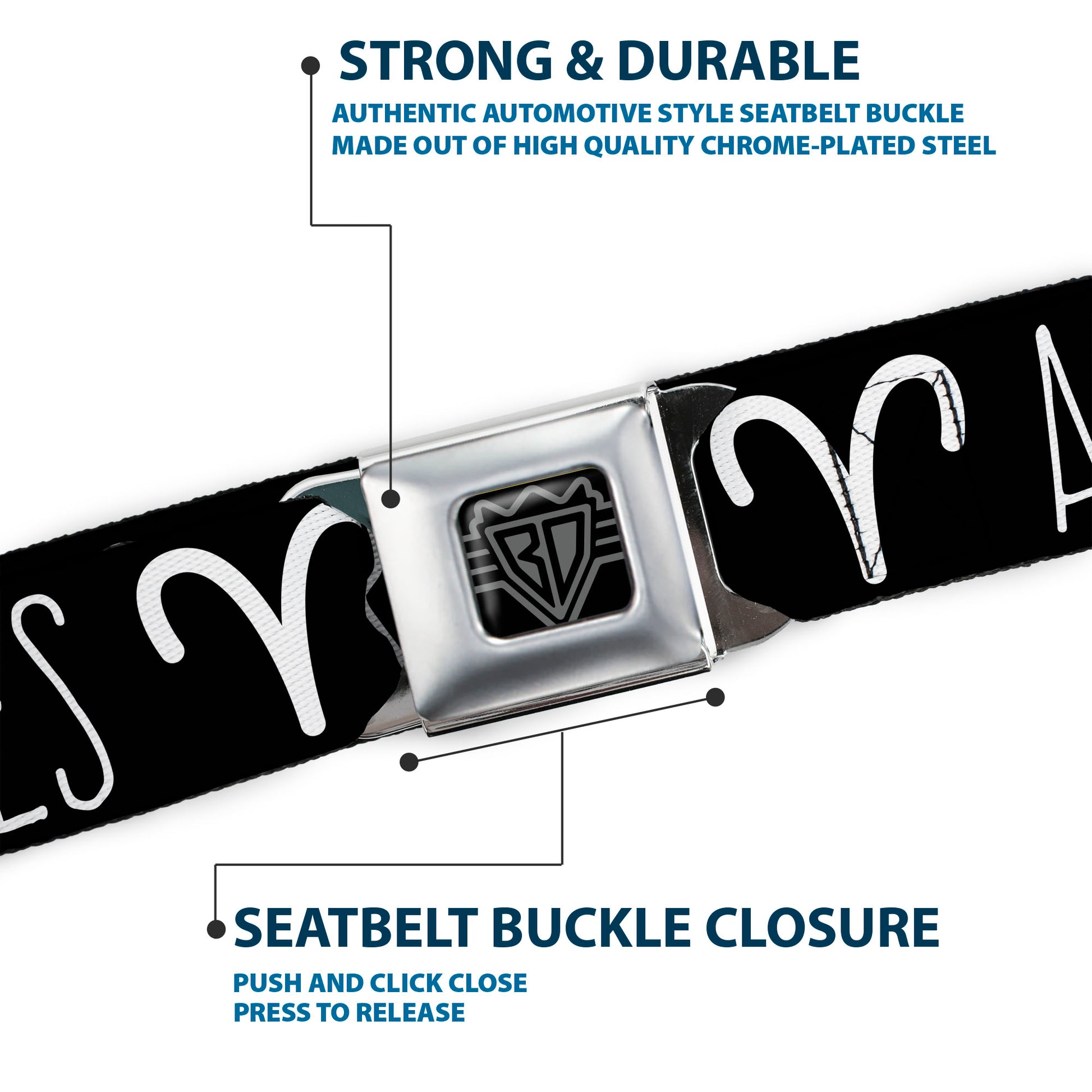 BD Wings Logo CLOSE-UP Full Color Black Silver Seatbelt Belt - Zodiac ARIES/Symbol Black/White Webbing Seatbelt Belts Buckle-Down