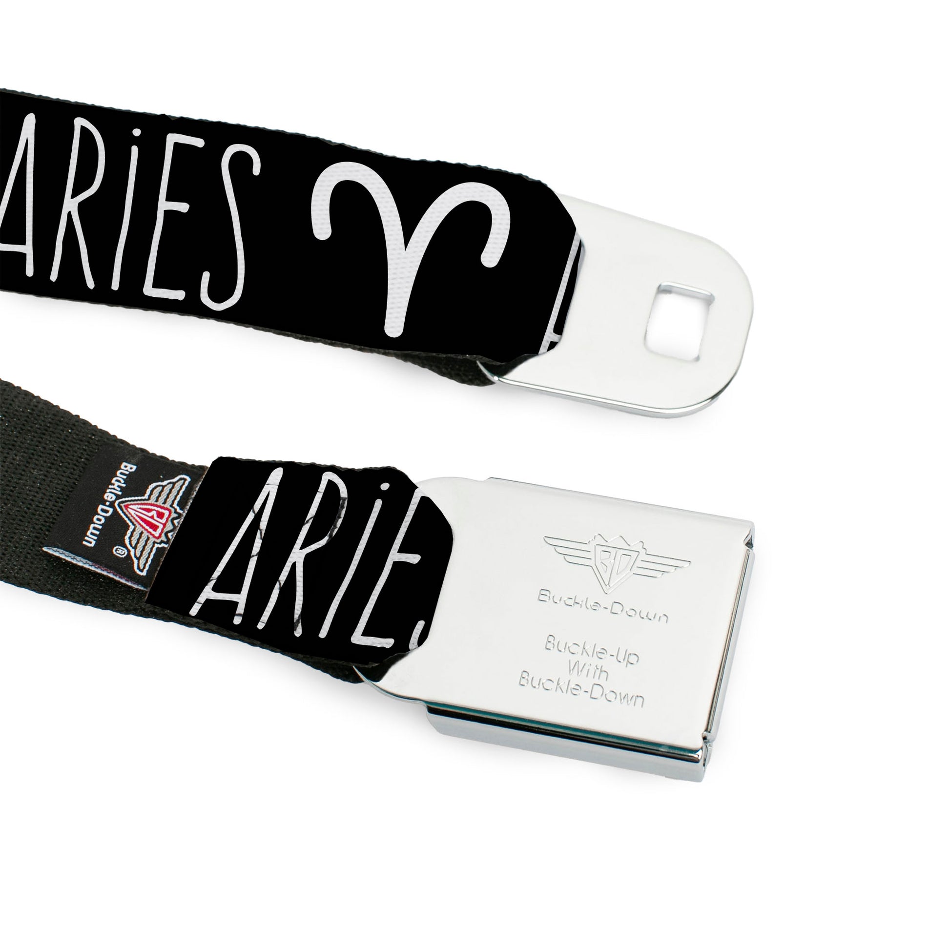 BD Wings Logo CLOSE-UP Full Color Black Silver Seatbelt Belt - Zodiac ARIES/Symbol Black/White Webbing Seatbelt Belts Buckle-Down
