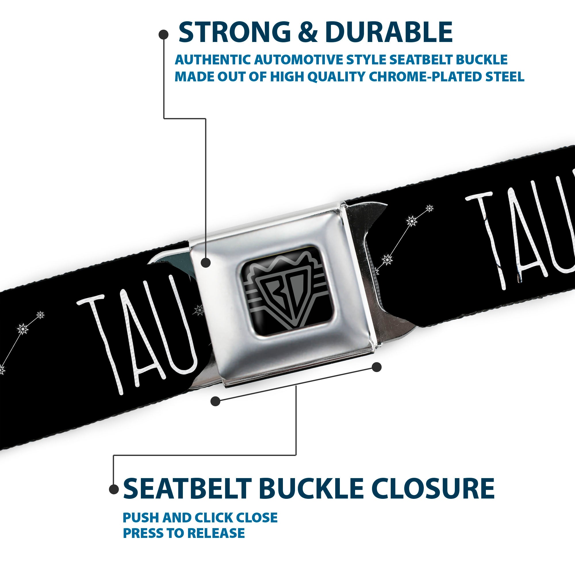 BD Wings Logo CLOSE-UP Full Color Black Silver Seatbelt Belt - Zodiac TAURUS/Constellation Black/White Webbing Seatbelt Belts Buckle-Down