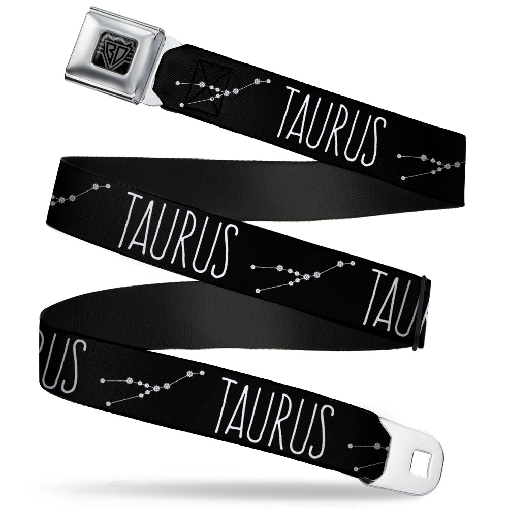 BD Wings Logo CLOSE-UP Full Color Black Silver Seatbelt Belt - Zodiac TAURUS/Constellation Black/White Webbing Seatbelt Belts Buckle-Down