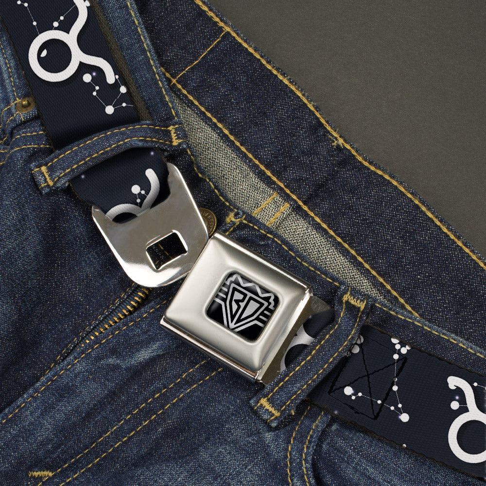 BD Wings Logo CLOSE-UP Full Color Black Silver Seatbelt Belt - Zodiac Taurus Symbol/Constellations Black/White Webbing Seatbelt Belts Buckle-Down