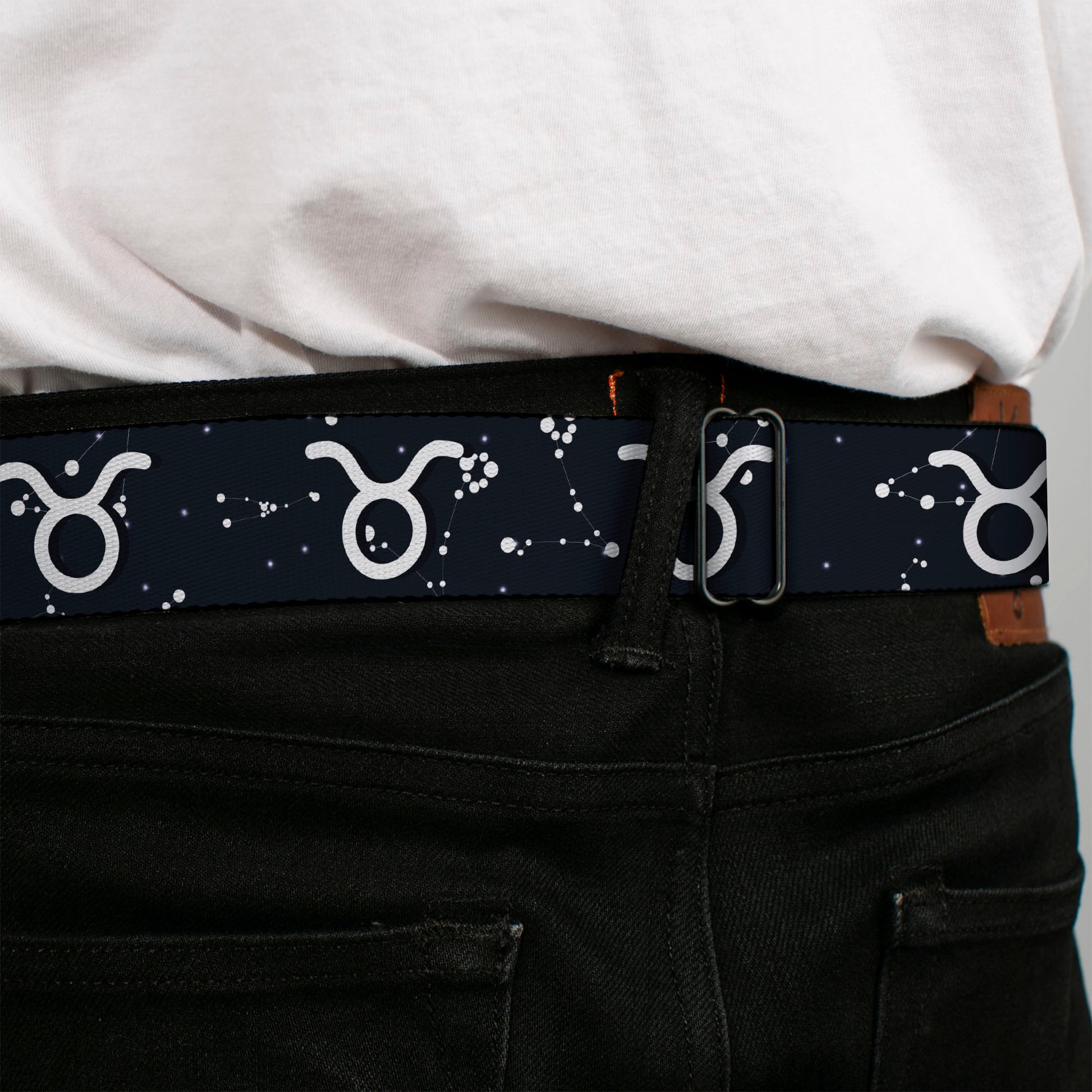 BD Wings Logo CLOSE-UP Full Color Black Silver Seatbelt Belt - Zodiac Taurus Symbol/Constellations Black/White Webbing Seatbelt Belts Buckle-Down