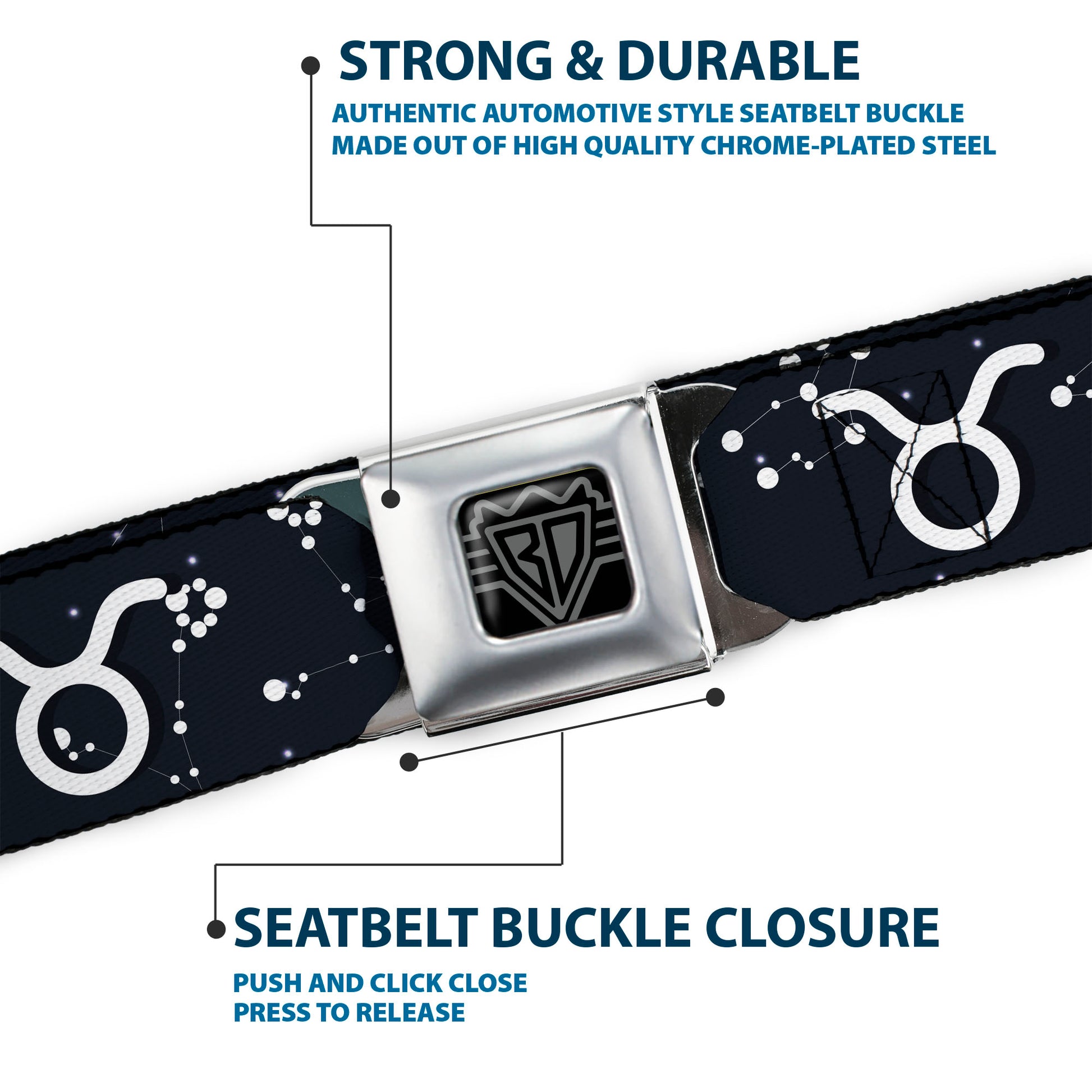BD Wings Logo CLOSE-UP Full Color Black Silver Seatbelt Belt - Zodiac Taurus Symbol/Constellations Black/White Webbing Seatbelt Belts Buckle-Down