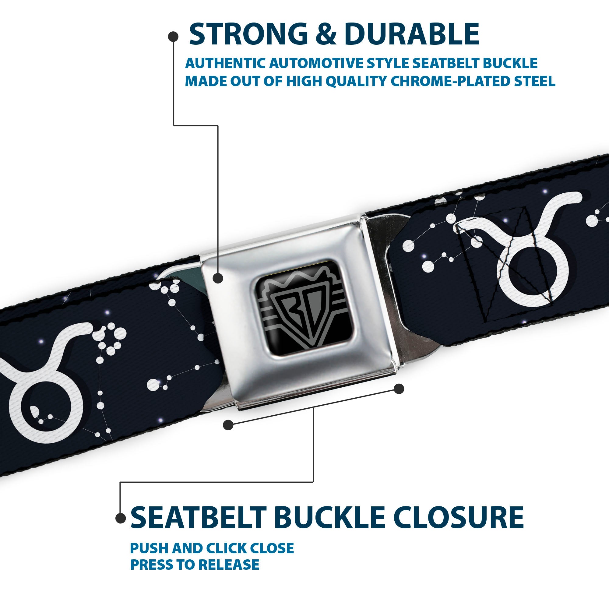 BD Wings Logo CLOSE-UP Full Color Black Silver Seatbelt Belt - Zodiac Taurus Symbol/Constellations Black/White Webbing Seatbelt Belts Buckle-Down