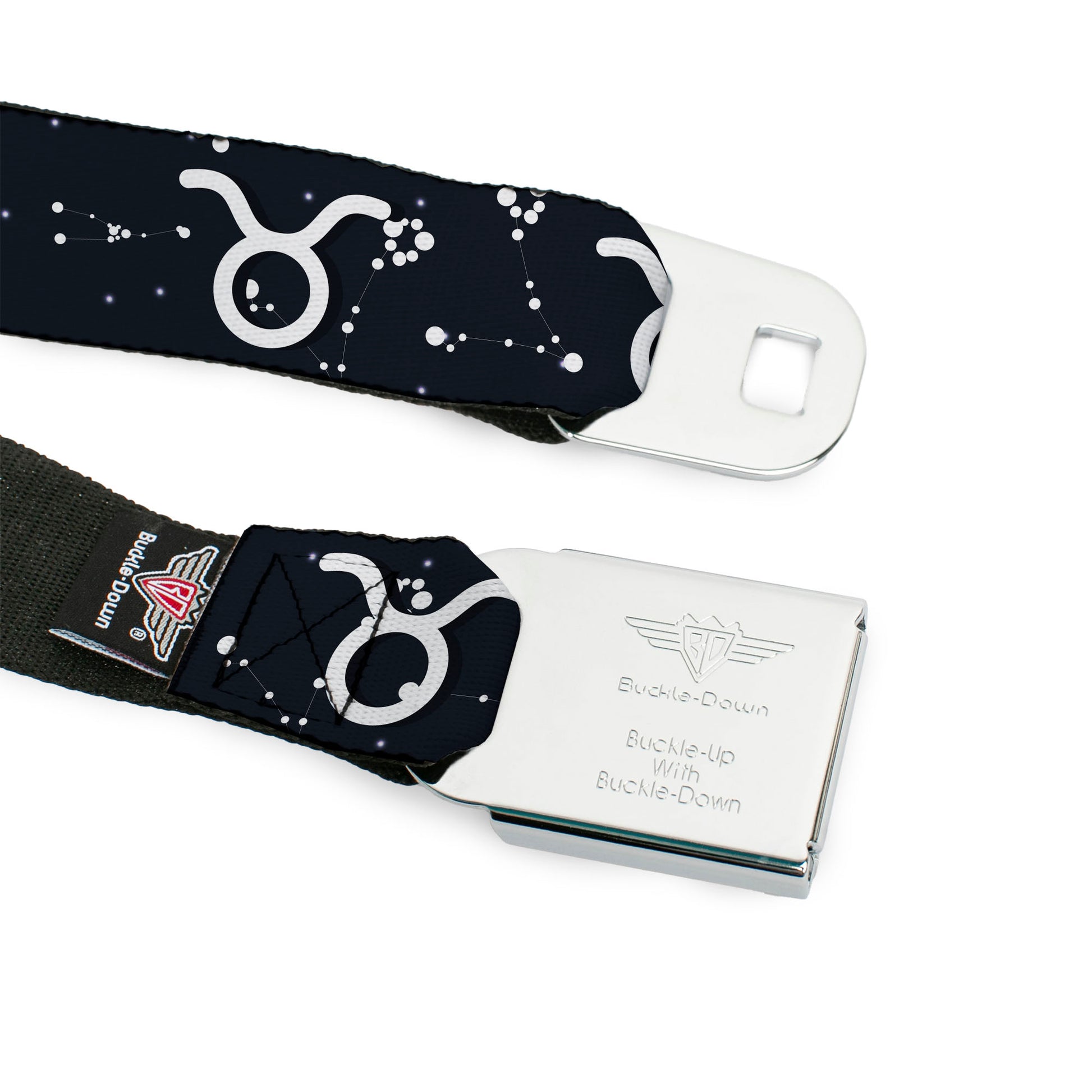 BD Wings Logo CLOSE-UP Full Color Black Silver Seatbelt Belt - Zodiac Taurus Symbol/Constellations Black/White Webbing Seatbelt Belts Buckle-Down