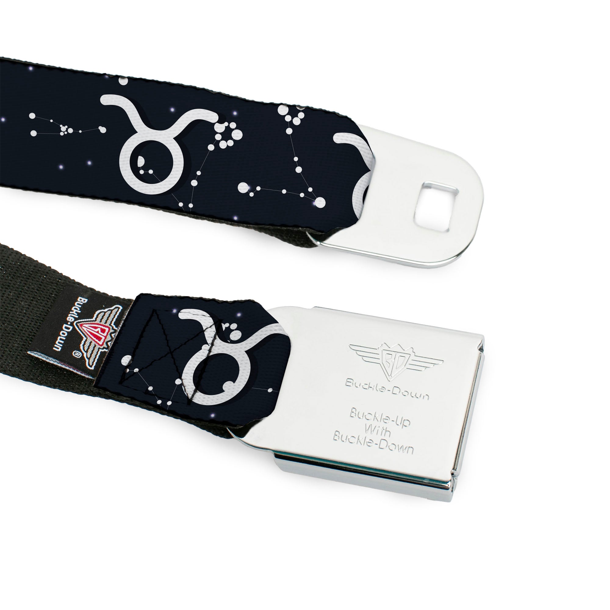 BD Wings Logo CLOSE-UP Full Color Black Silver Seatbelt Belt - Zodiac Taurus Symbol/Constellations Black/White Webbing Seatbelt Belts Buckle-Down