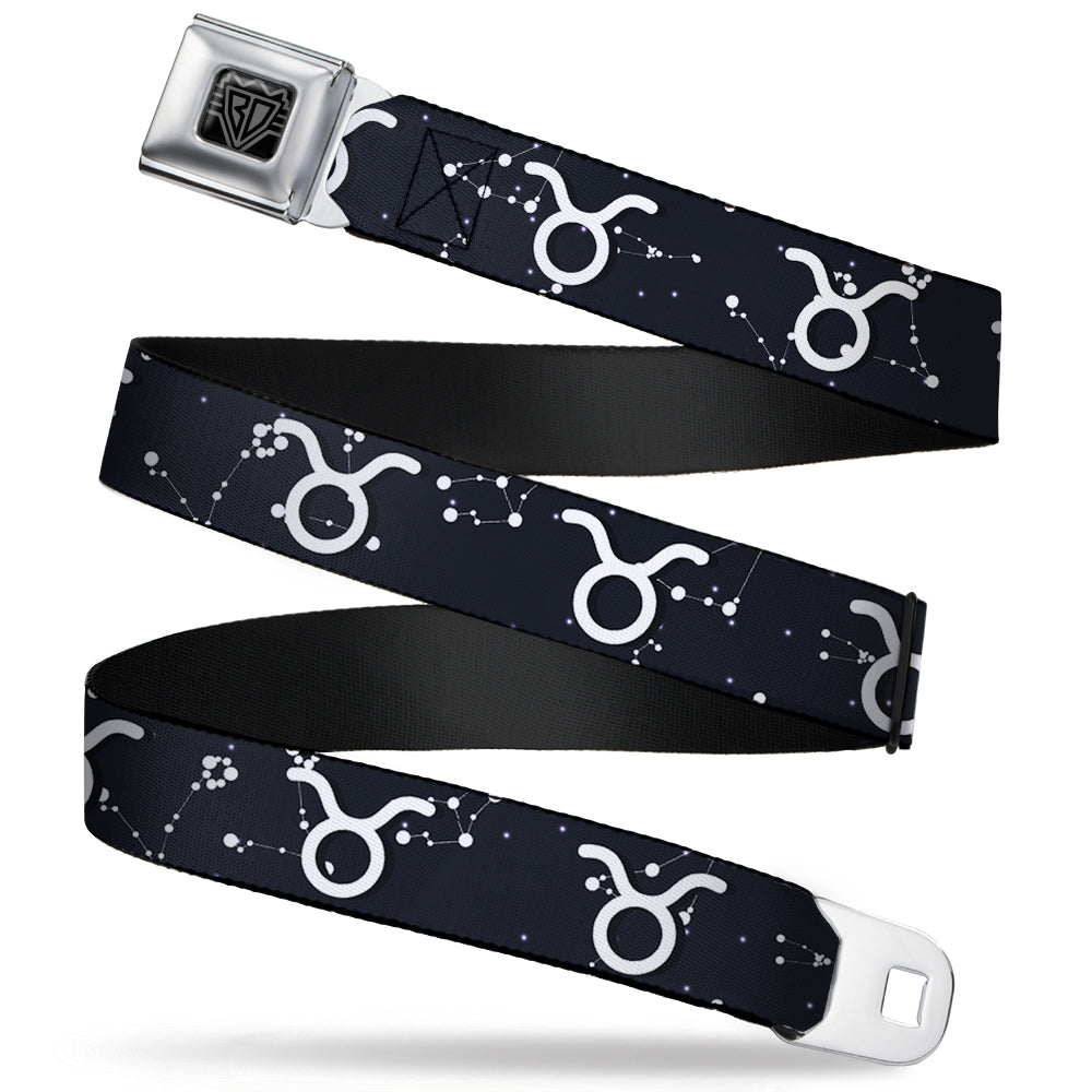 BD Wings Logo CLOSE-UP Full Color Black Silver Seatbelt Belt - Zodiac Taurus Symbol/Constellations Black/White Webbing Seatbelt Belts Buckle-Down