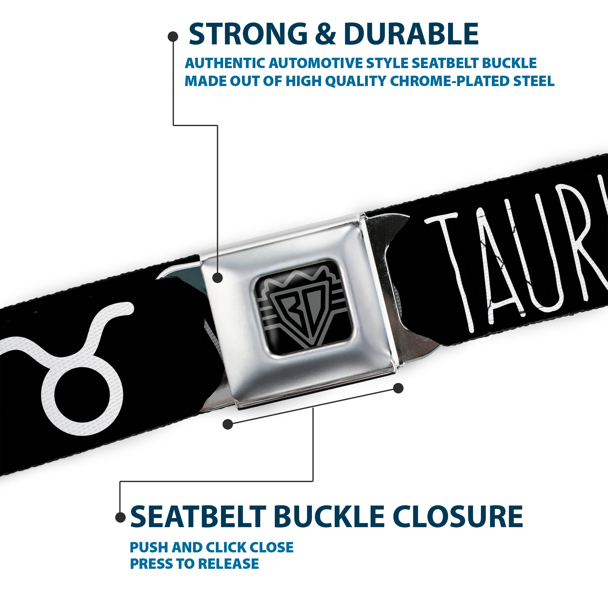 BD Wings Logo CLOSE-UP Full Color Black Silver Seatbelt Belt - Zodiac TAURUS/Symbol Black/White Webbing Seatbelt Belts Buckle-Down
