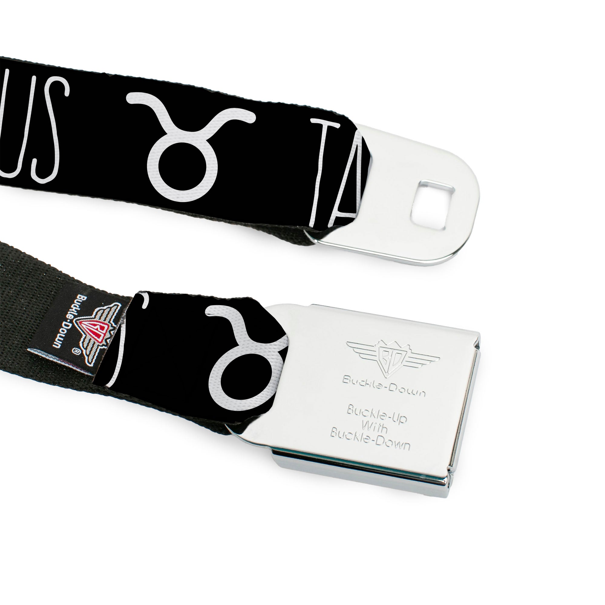 BD Wings Logo CLOSE-UP Full Color Black Silver Seatbelt Belt - Zodiac TAURUS/Symbol Black/White Webbing Seatbelt Belts Buckle-Down