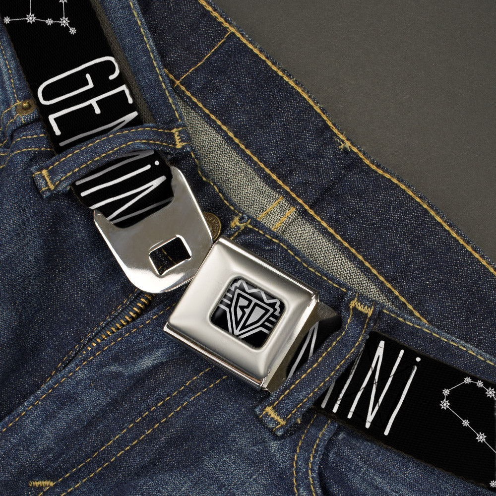 BD Wings Logo CLOSE-UP Full Color Black Silver Seatbelt Belt - Zodiac GEMINI/Constellation Black/White Webbing Seatbelt Belts Buckle-Down