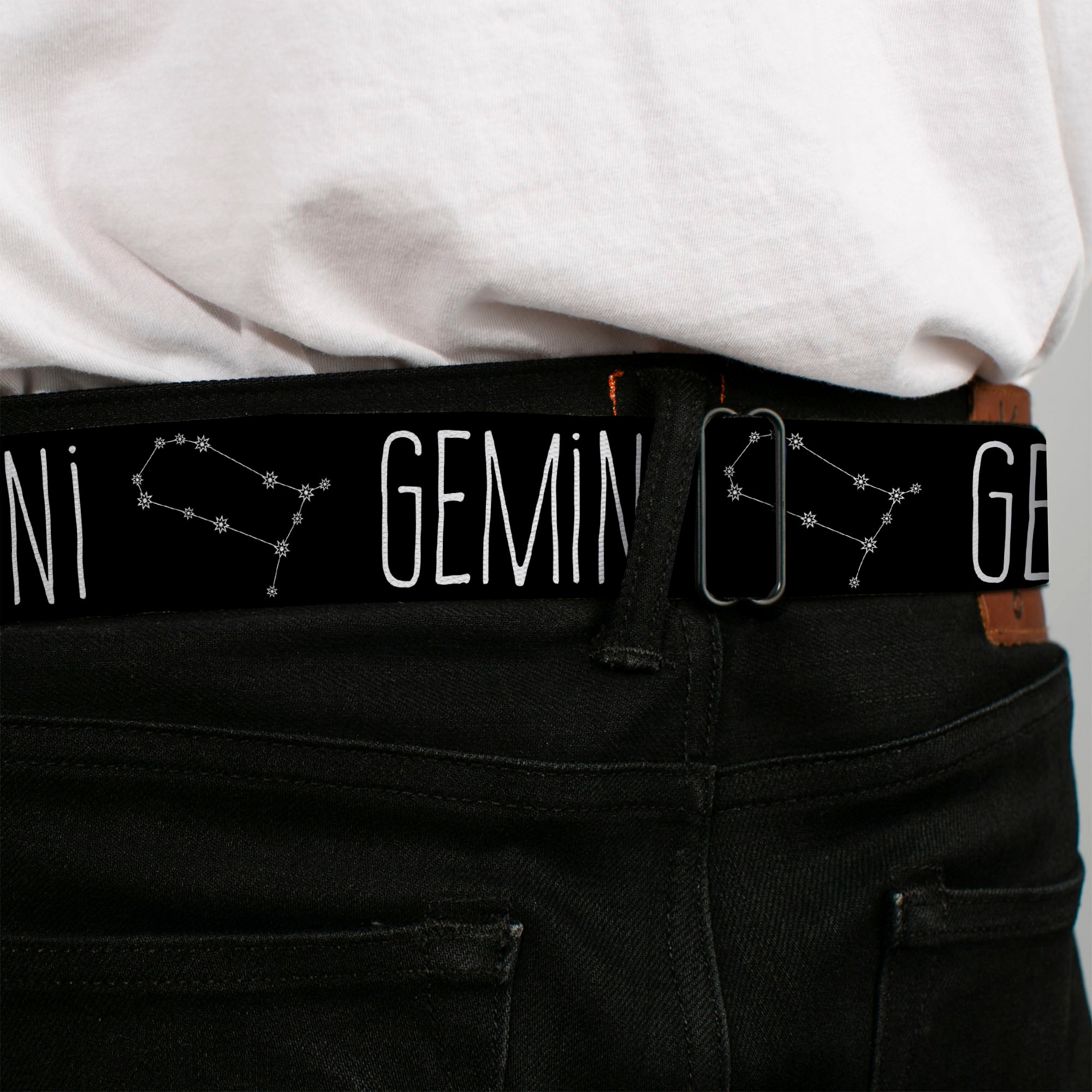 BD Wings Logo CLOSE-UP Full Color Black Silver Seatbelt Belt - Zodiac GEMINI/Constellation Black/White Webbing Seatbelt Belts Buckle-Down