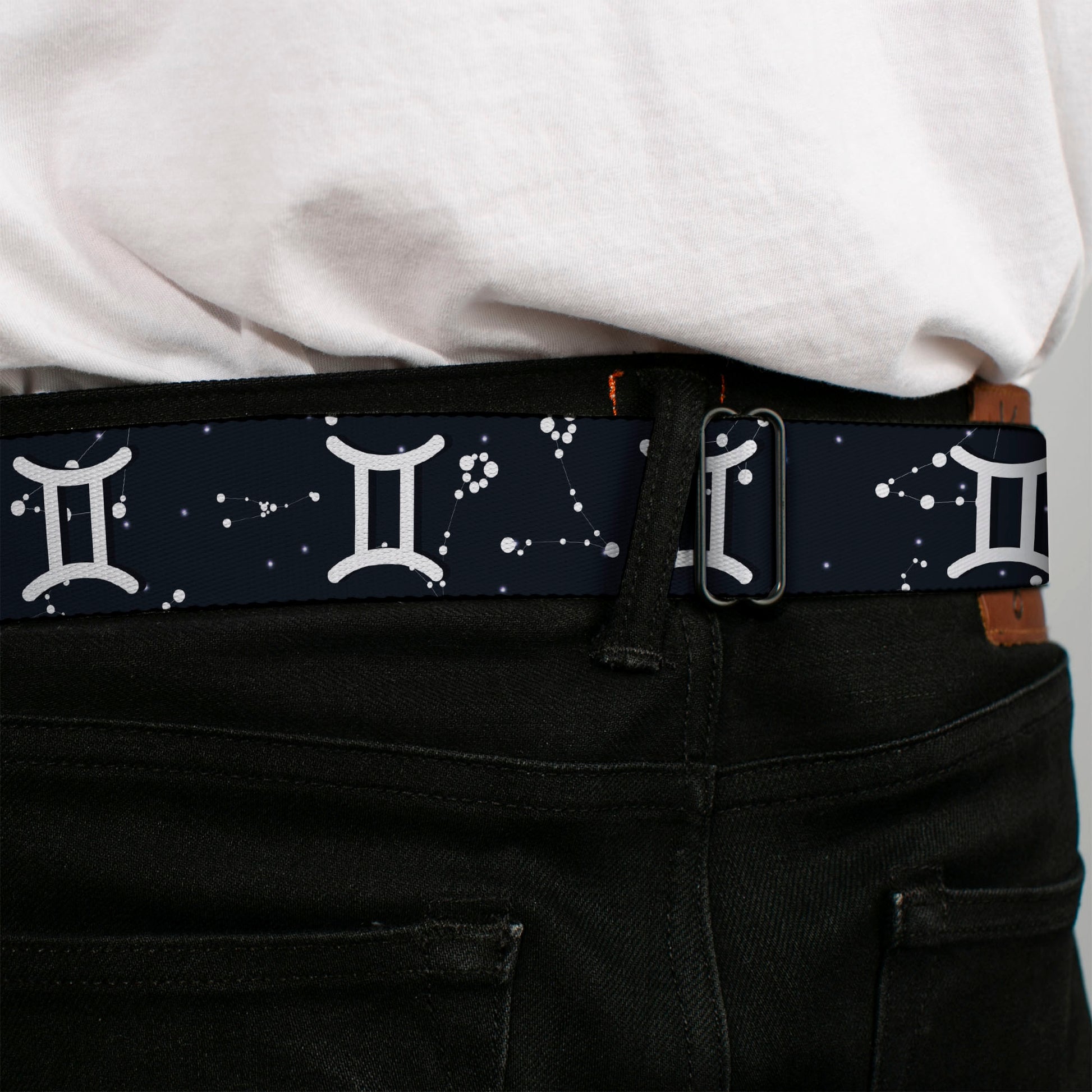 BD Wings Logo CLOSE-UP Full Color Black Silver Seatbelt Belt - Zodiac Gemini Symbol/Constellations Black/White Webbing Seatbelt Belts Buckle-Down