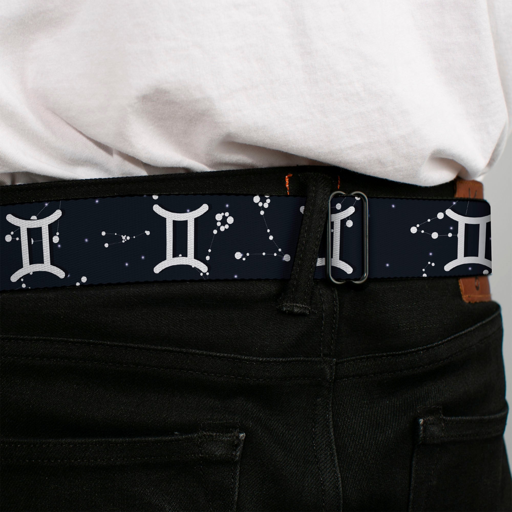 BD Wings Logo CLOSE-UP Full Color Black Silver Seatbelt Belt - Zodiac Gemini Symbol/Constellations Black/White Webbing Seatbelt Belts Buckle-Down
