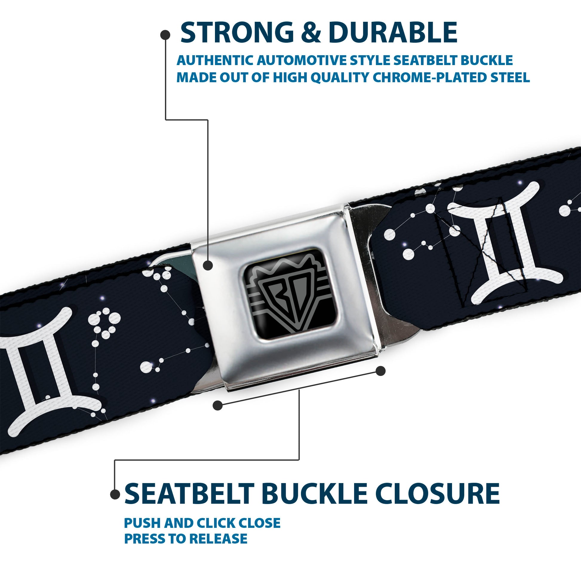 BD Wings Logo CLOSE-UP Full Color Black Silver Seatbelt Belt - Zodiac Gemini Symbol/Constellations Black/White Webbing Seatbelt Belts Buckle-Down