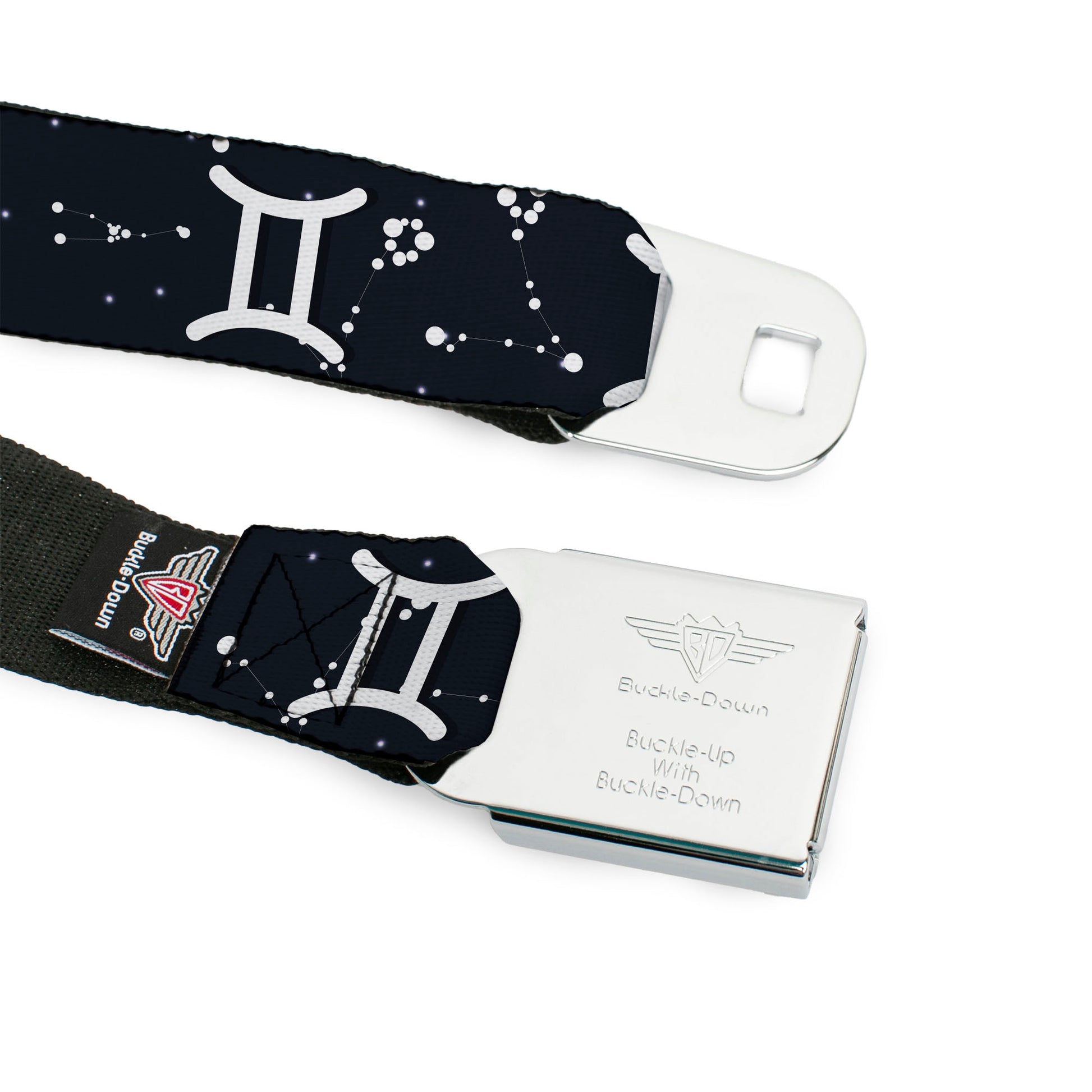 BD Wings Logo CLOSE-UP Full Color Black Silver Seatbelt Belt - Zodiac Gemini Symbol/Constellations Black/White Webbing Seatbelt Belts Buckle-Down