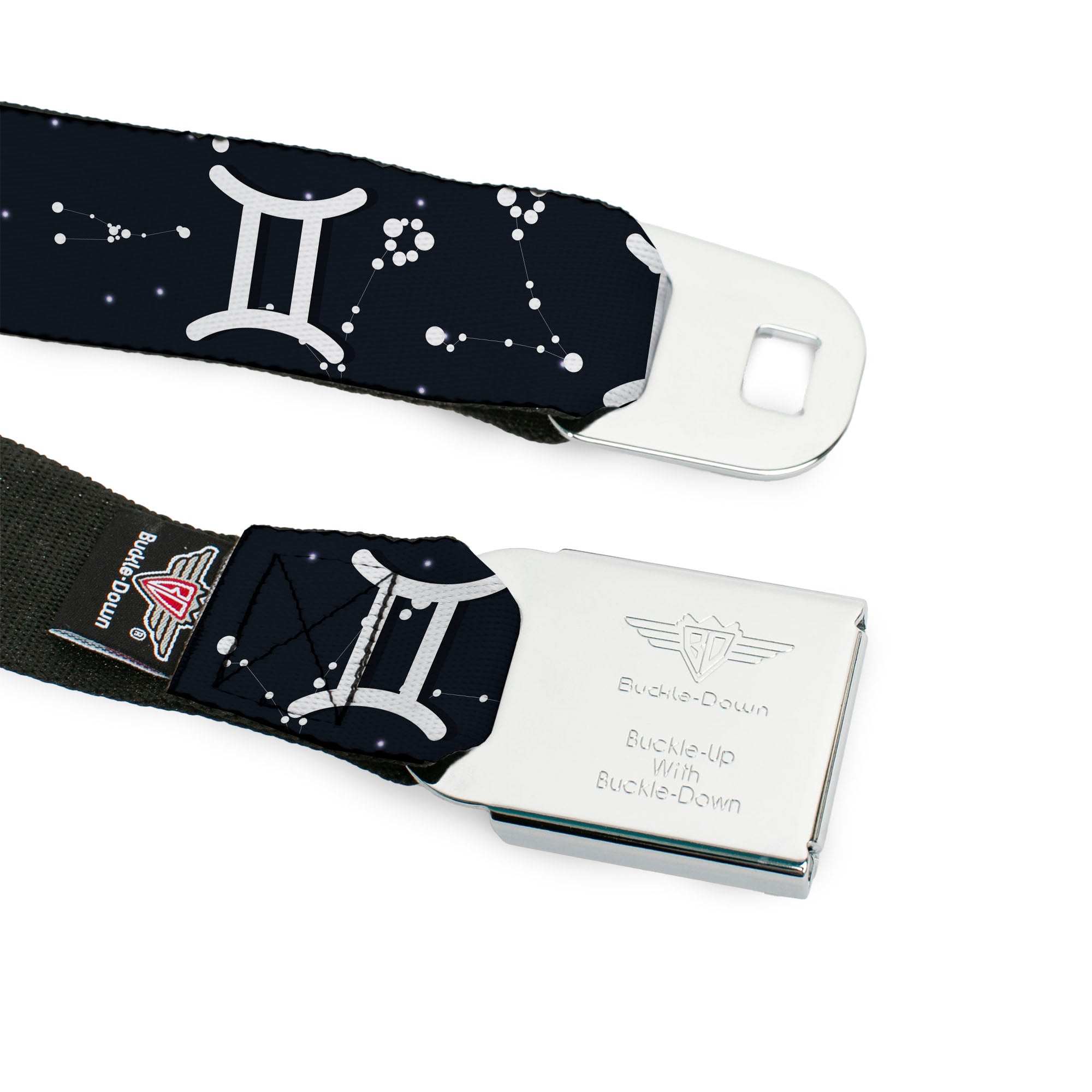BD Wings Logo CLOSE-UP Full Color Black Silver Seatbelt Belt - Zodiac Gemini Symbol/Constellations Black/White Webbing Seatbelt Belts Buckle-Down