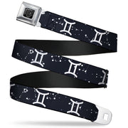 BD Wings Logo CLOSE-UP Full Color Black Silver Seatbelt Belt - Zodiac Gemini Symbol/Constellations Black/White Webbing Seatbelt Belts Buckle-Down