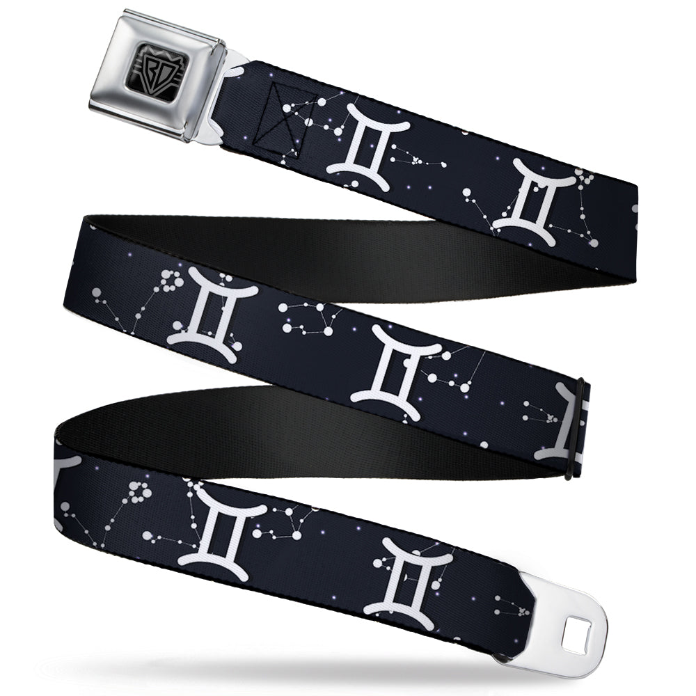 BD Wings Logo CLOSE-UP Full Color Black Silver Seatbelt Belt - Zodiac Gemini Symbol/Constellations Black/White Webbing Seatbelt Belts Buckle-Down
