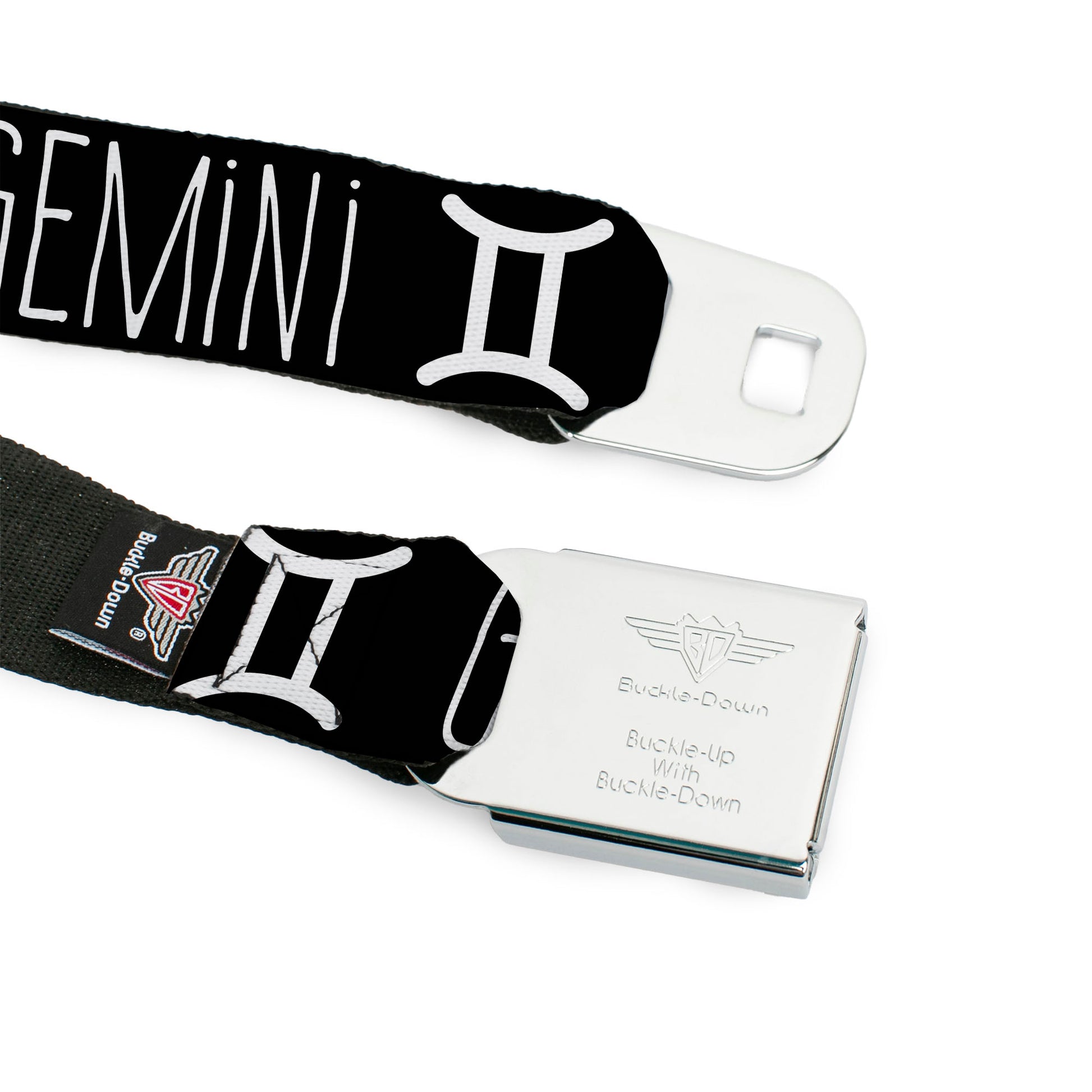 BD Wings Logo CLOSE-UP Full Color Black Silver Seatbelt Belt - Zodiac GEMINI/Symbol Black/White Webbing Seatbelt Belts Buckle-Down