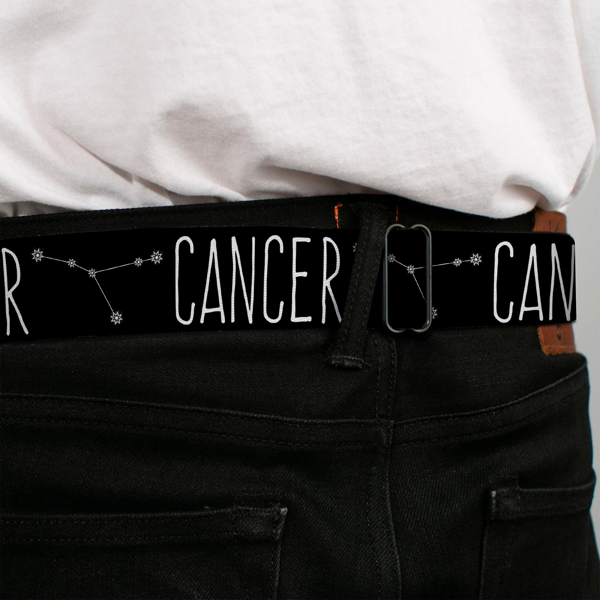 BD Wings Logo CLOSE-UP Full Color Black Silver Seatbelt Belt - Zodiac CANCER/Constellation Black/White Webbing Seatbelt Belts Buckle-Down