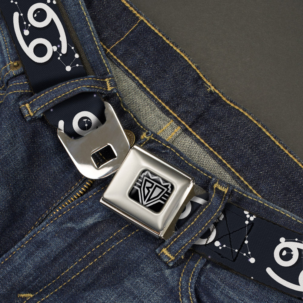 BD Wings Logo CLOSE-UP Full Color Black Silver Seatbelt Belt - Zodiac Cancer Symbol/Constellations Black/White Webbing Seatbelt Belts Buckle-Down