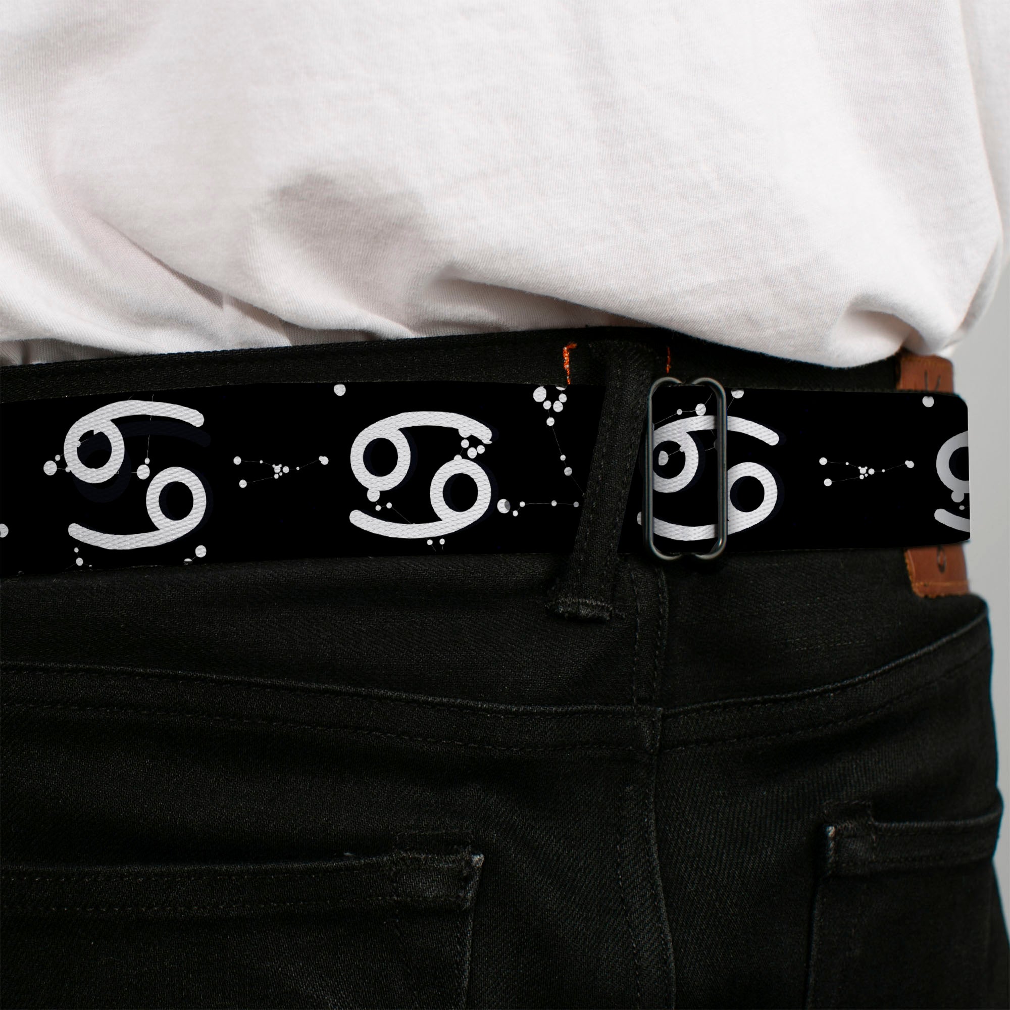 BD Wings Logo CLOSE-UP Full Color Black Silver Seatbelt Belt - Zodiac Cancer Symbol/Constellations Black/White Webbing Seatbelt Belts Buckle-Down